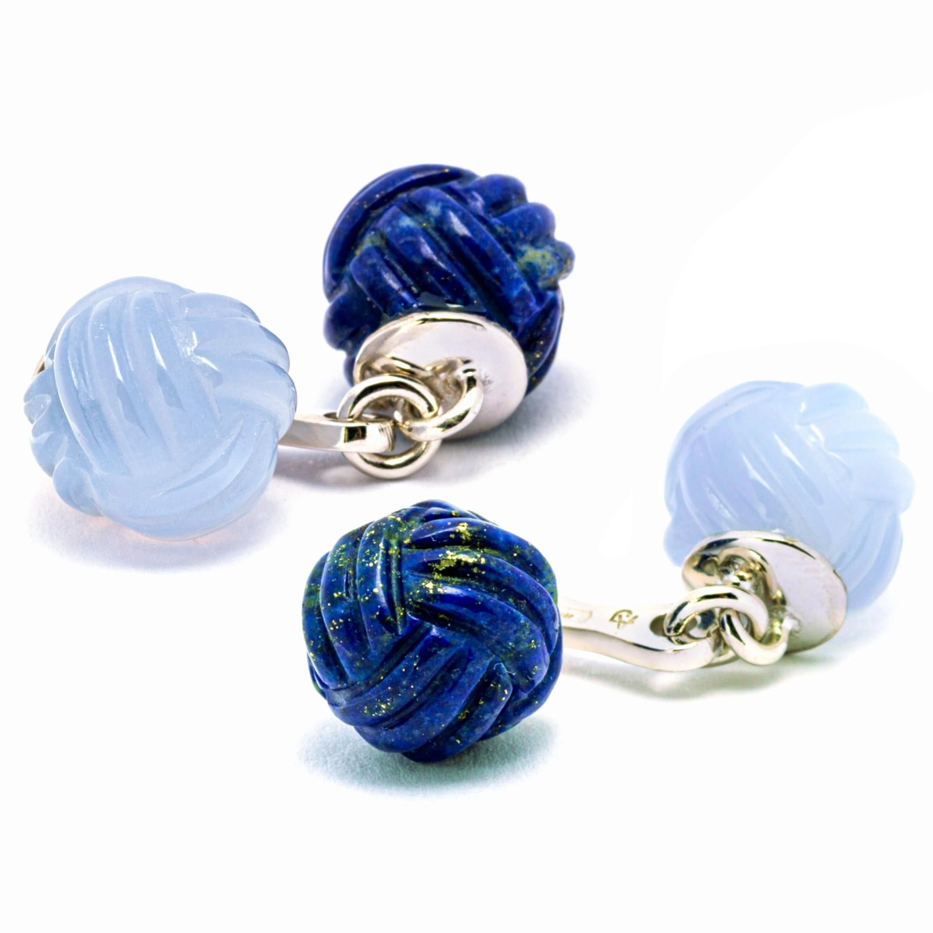 Alex Jona Lapis Lazuli Chalcedony Sterling Silver Knot Cufflinks In New Condition In Torino, IT