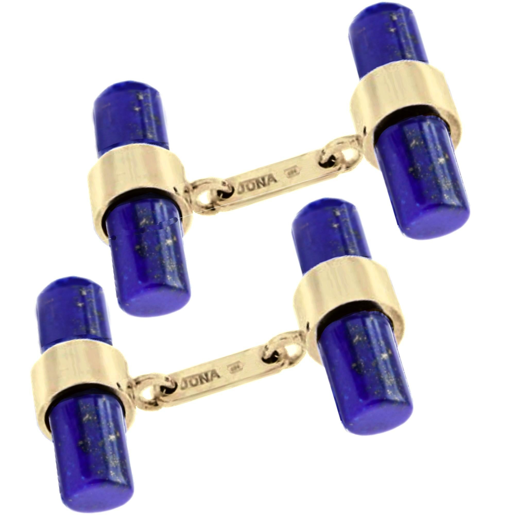 Mixed Cut Alex Jona Lapis Lazuli Cylindrical Bar Cufflinks in 18 Karat Yellow Gold For Sale