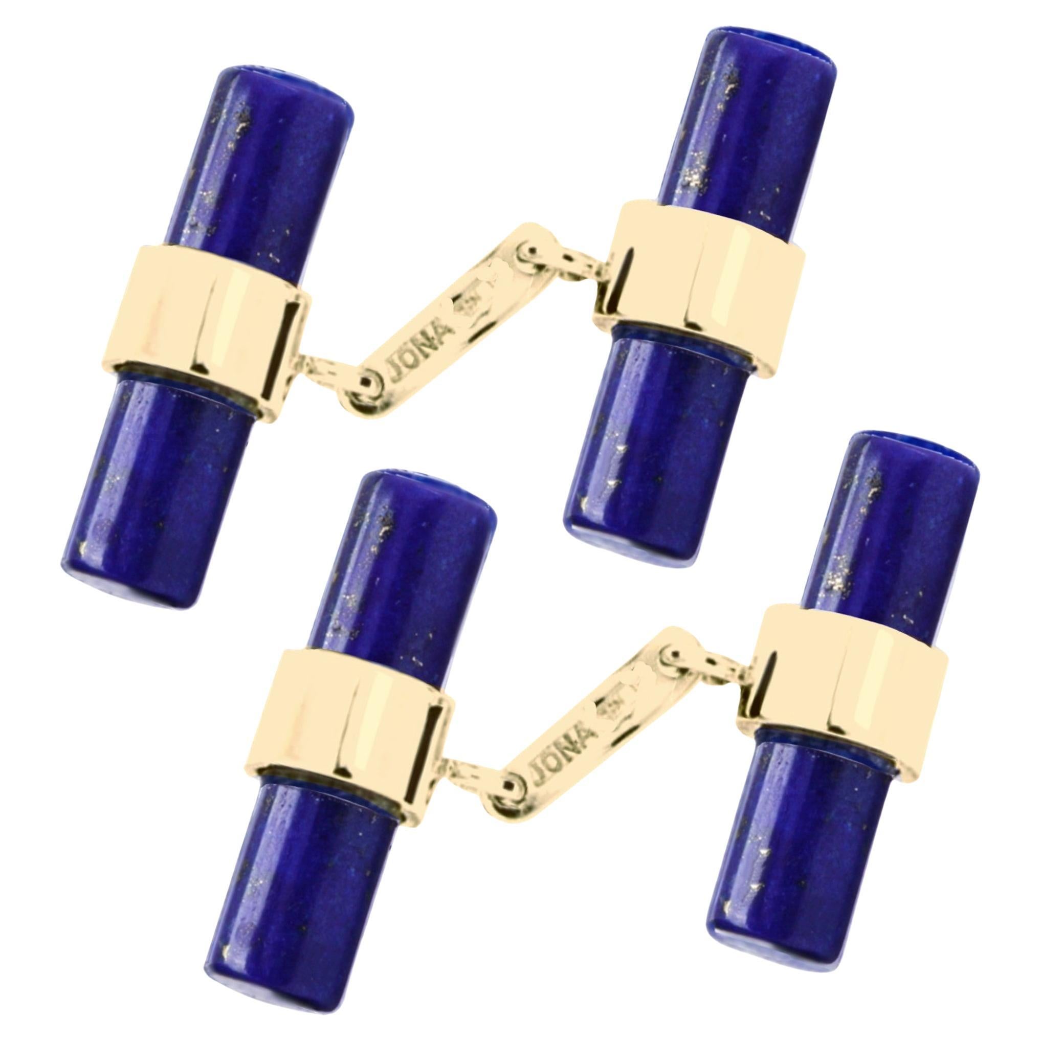 Alex Jona Lapis Lazuli Cylindrical Bar Cufflinks in 18 Karat Yellow Gold For Sale