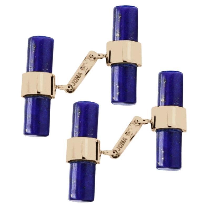 Gemelli da polso a barra cilindrica in oro giallo 18 carati di Alex Jona Lapis Lazuli