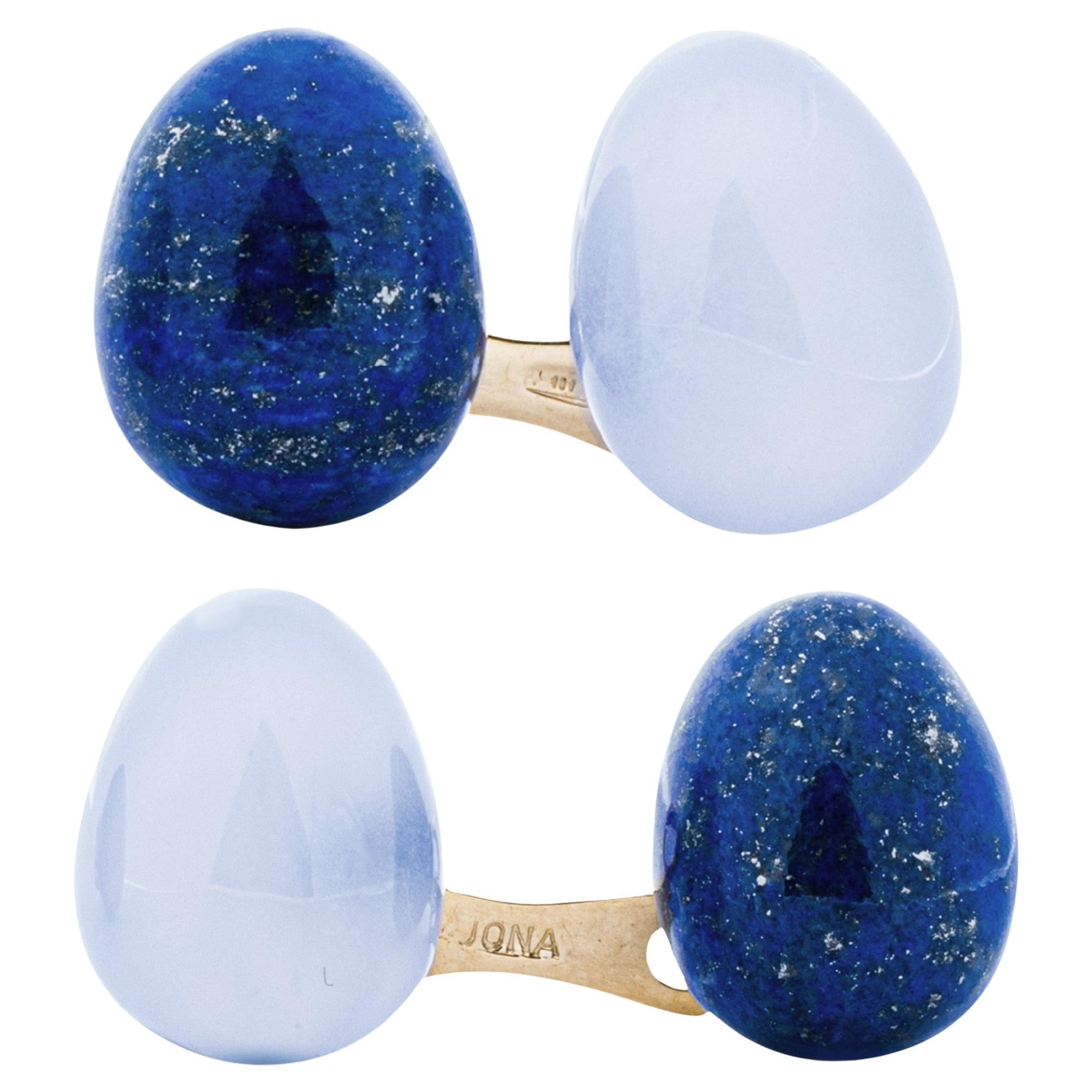 Alex Jona Lapis Lazuli Egg and Chalcedony 18 Karat Yellow Gold Cufflinks