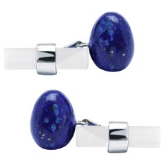 Alex Jona Boutons de manchette cylindriques en or blanc 18 carats, lapis-lazuli, œuf et calcédoine