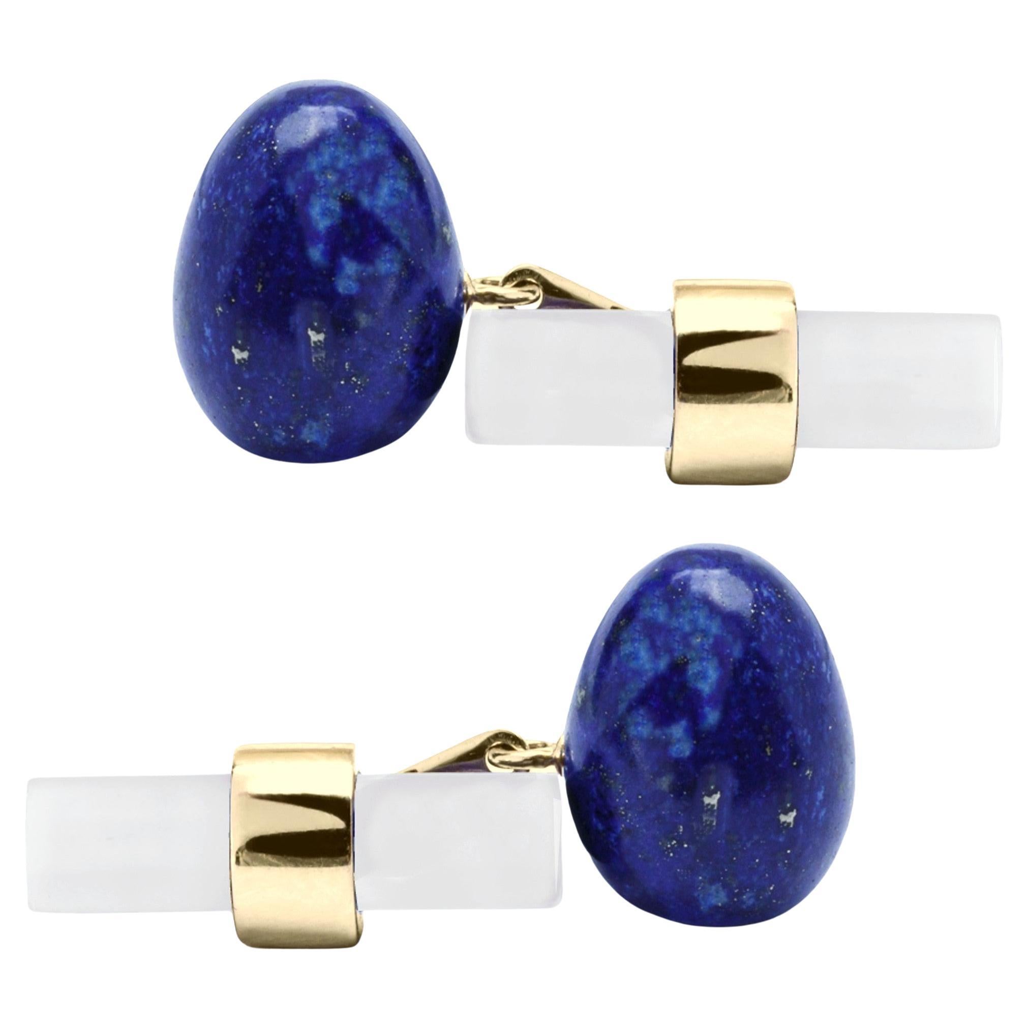 Alex Jona Lapis Lazuli Egg Chalcedony Cylinder 18 Karat Yellow Gold Cufflinks For Sale