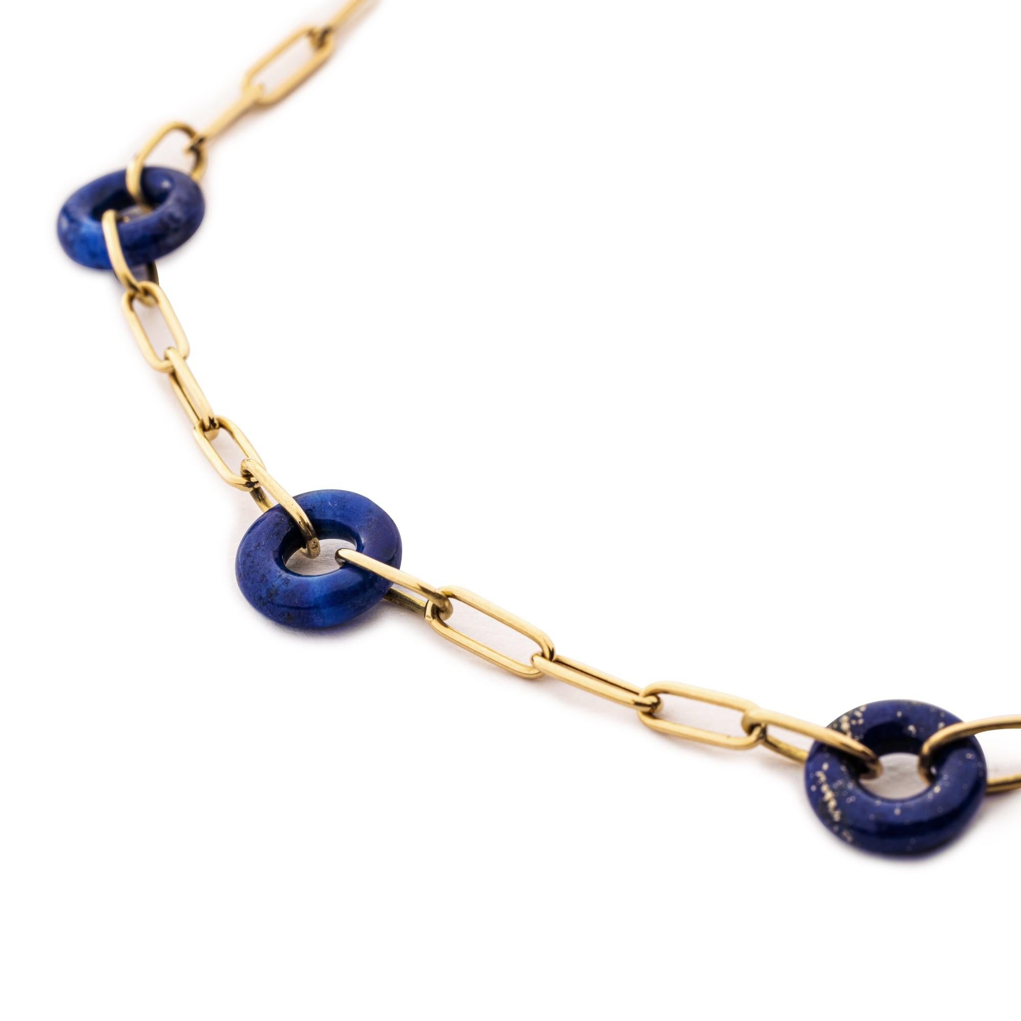 Uncut Alex Jona Lapis Lazuli Hoop 18 Karat Yellow Gold Chain Necklace For Sale