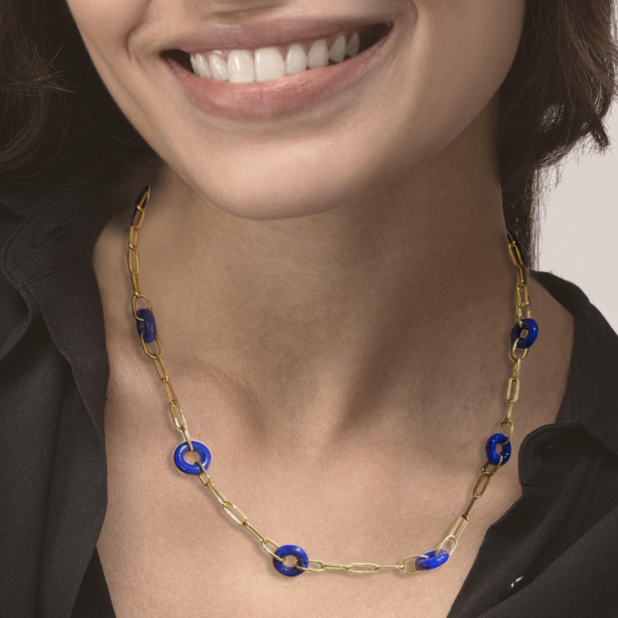 Women's Alex Jona Lapis Lazuli Hoop 18 Karat Yellow Gold Chain Necklace For Sale