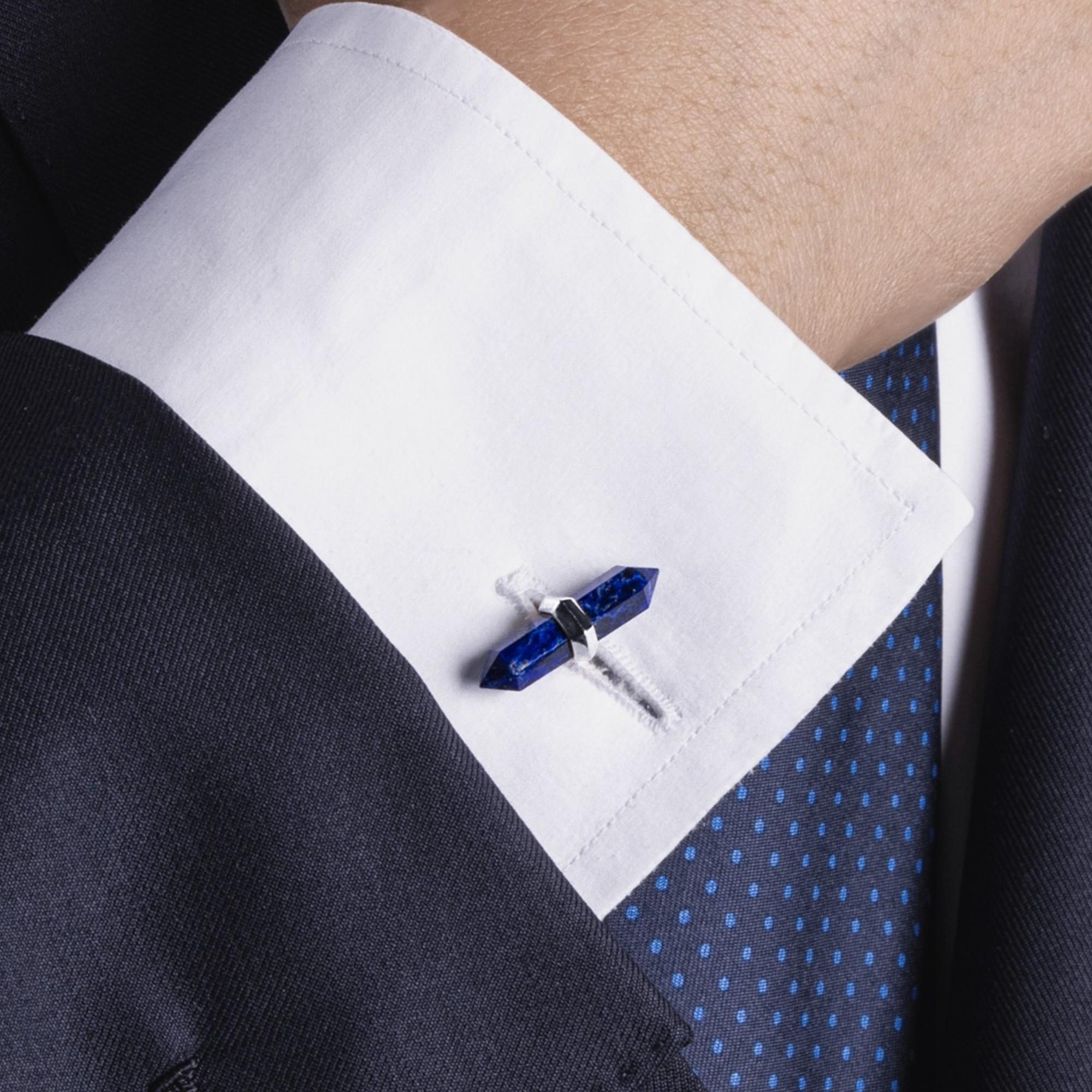 Mixed Cut Alex Jona Lapis Lazuli Mother of pearl 18k White Gold Prism Bar Cufflinks For Sale