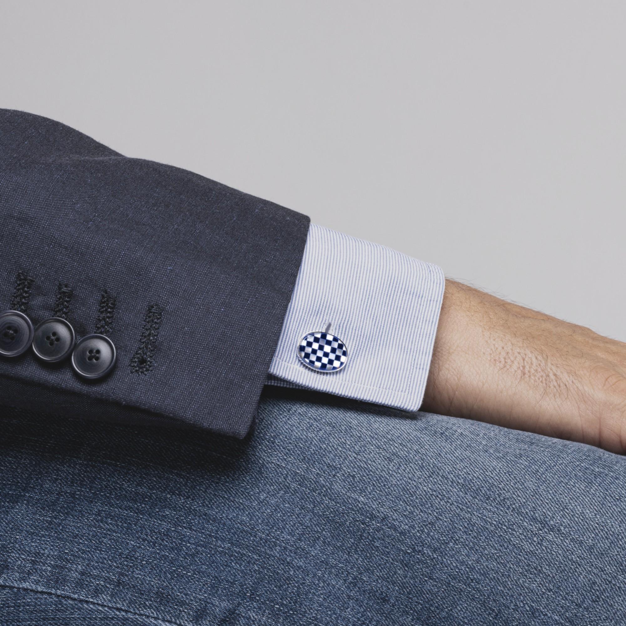 Alex Jona design collection, hand crafted in Italy, rhodium plated sterling silver oval lapis lazuli  cufflinks. Marked Jona 925. They feature a T-Bar fastening, aiding in easy use and confidence that they'll stay secured to your shirt.

Alex Jona