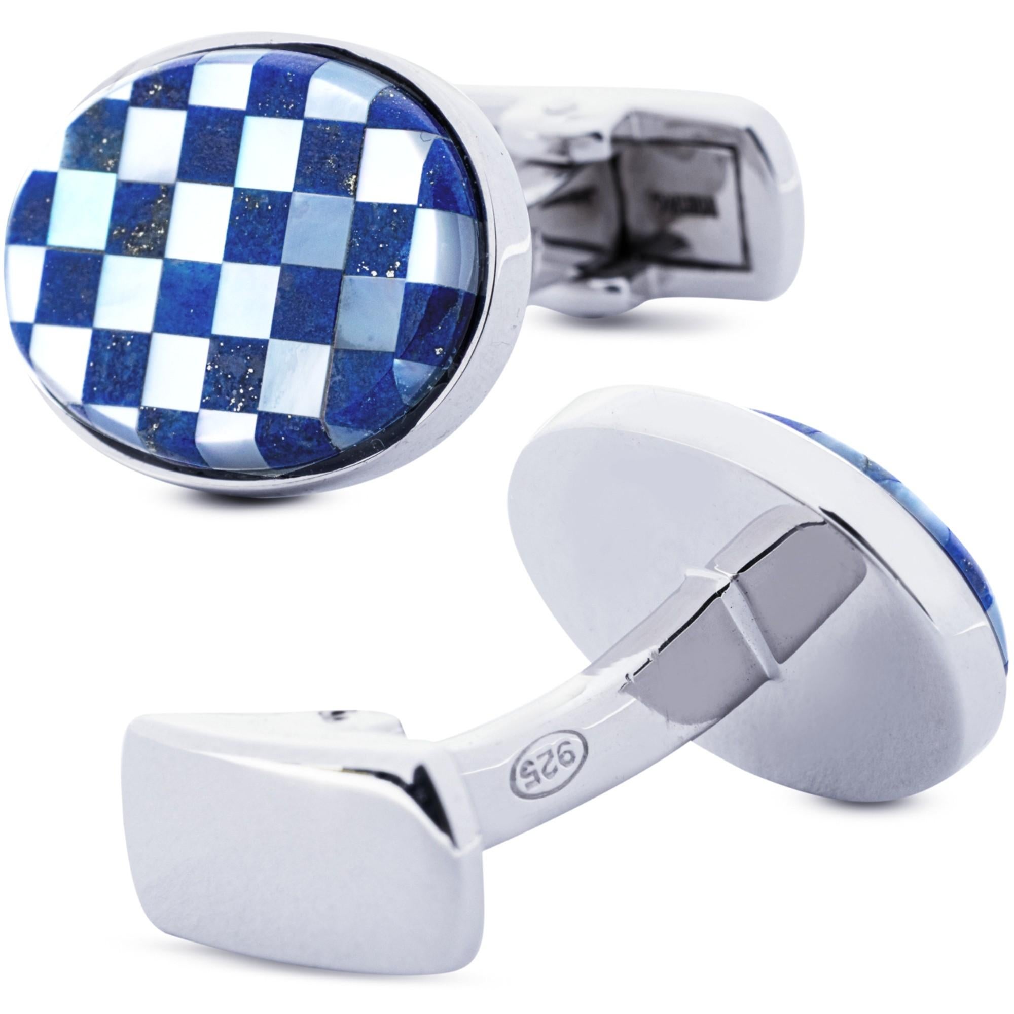 Round Cut Alex Jona Lapis Lazuli Mother of Pearl Sterling Silver Cufflinks For Sale