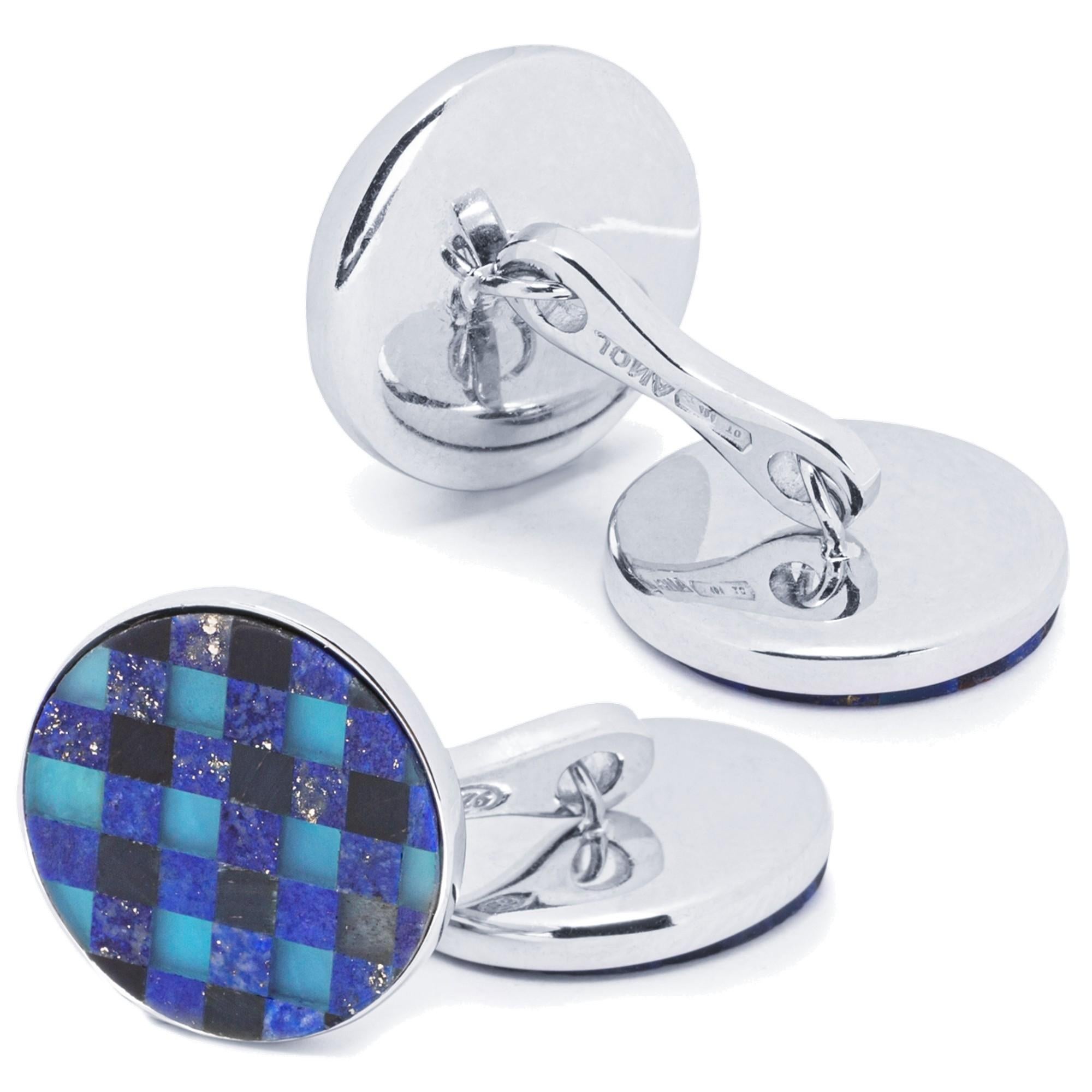 Taille ronde Alex Jona Boutons de manchette en argent sterling à carreaux en lapis-lazuli, onyx et calcédoine en vente