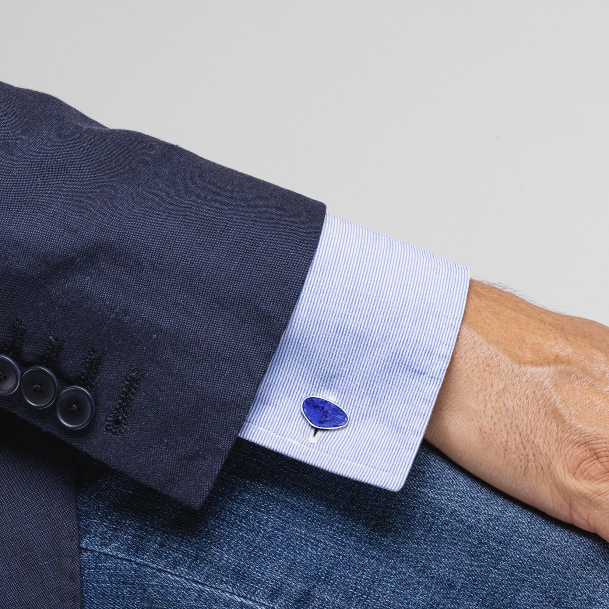 Alex Jona design collection lapis lazuli pebble shape cufflinks mounted in 925/°°°  rhodium Plated sterling silver. Marked JONA 925.
Alex Jona cufflinks stand out, not only for their special design and for the excellent quality, but also for the