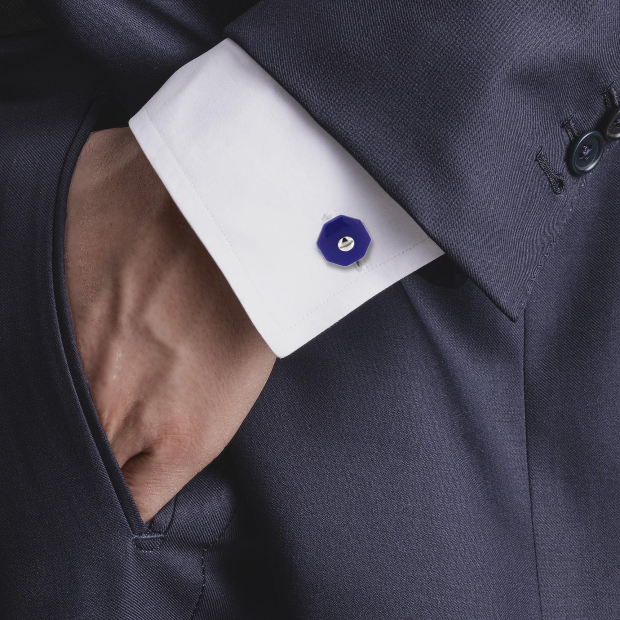 Alex Jona design collection, hand crafted in Italy, Lapis Lazuli Sterling Silver octagonal cufflinks. These cufflinks feature a T-Bar fastening, aiding in easy use and confidence that they'll stay secured to your shirt. Dimensions: 0.50 in Diameter.