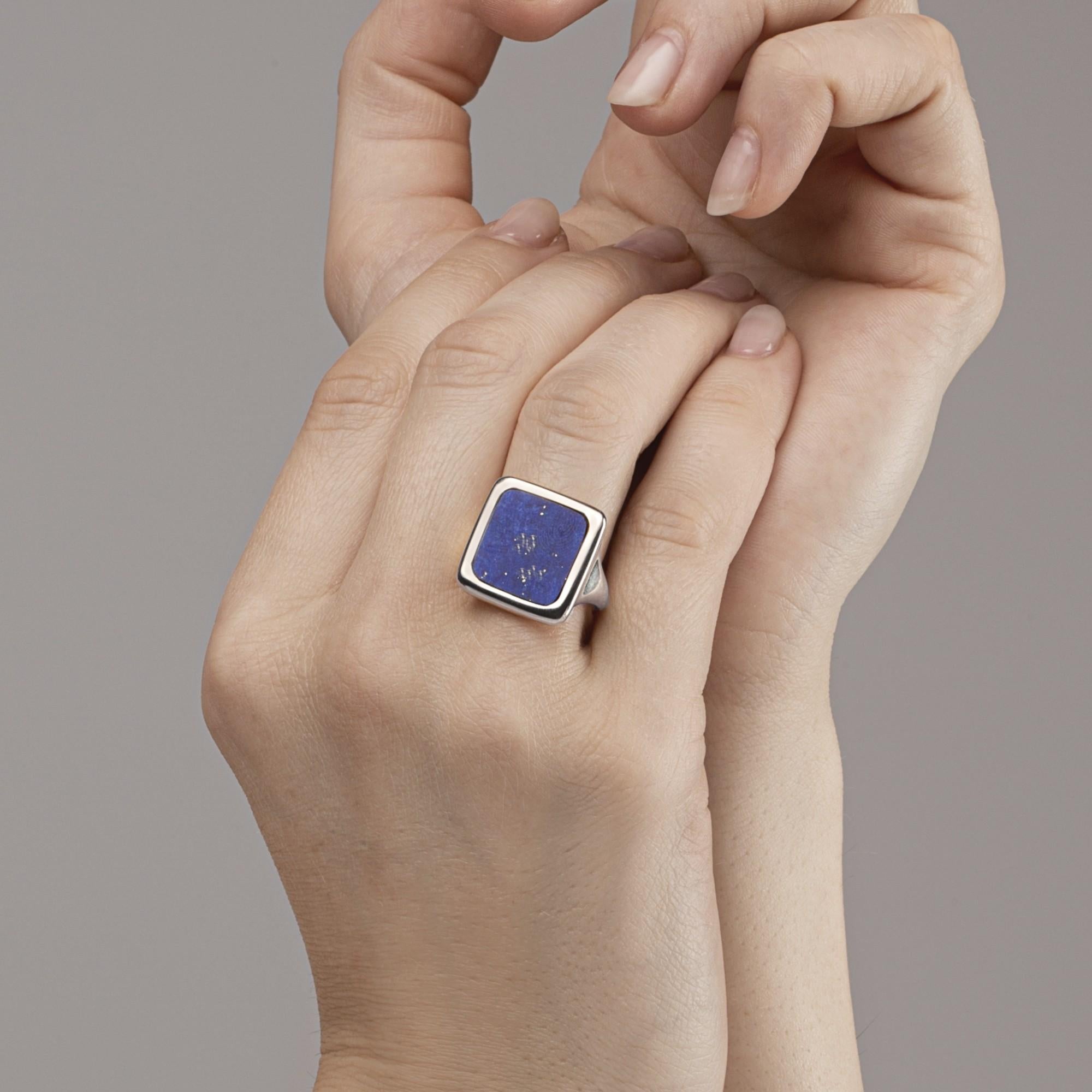Alex Jona design collection, hand crafted in Italy, sterling silver ring set with a squared flat cut Lapis Lazuli. 

Alex Jona jewels stand out, not only for their special design and for the excellent quality of the gemstones, but also for the
