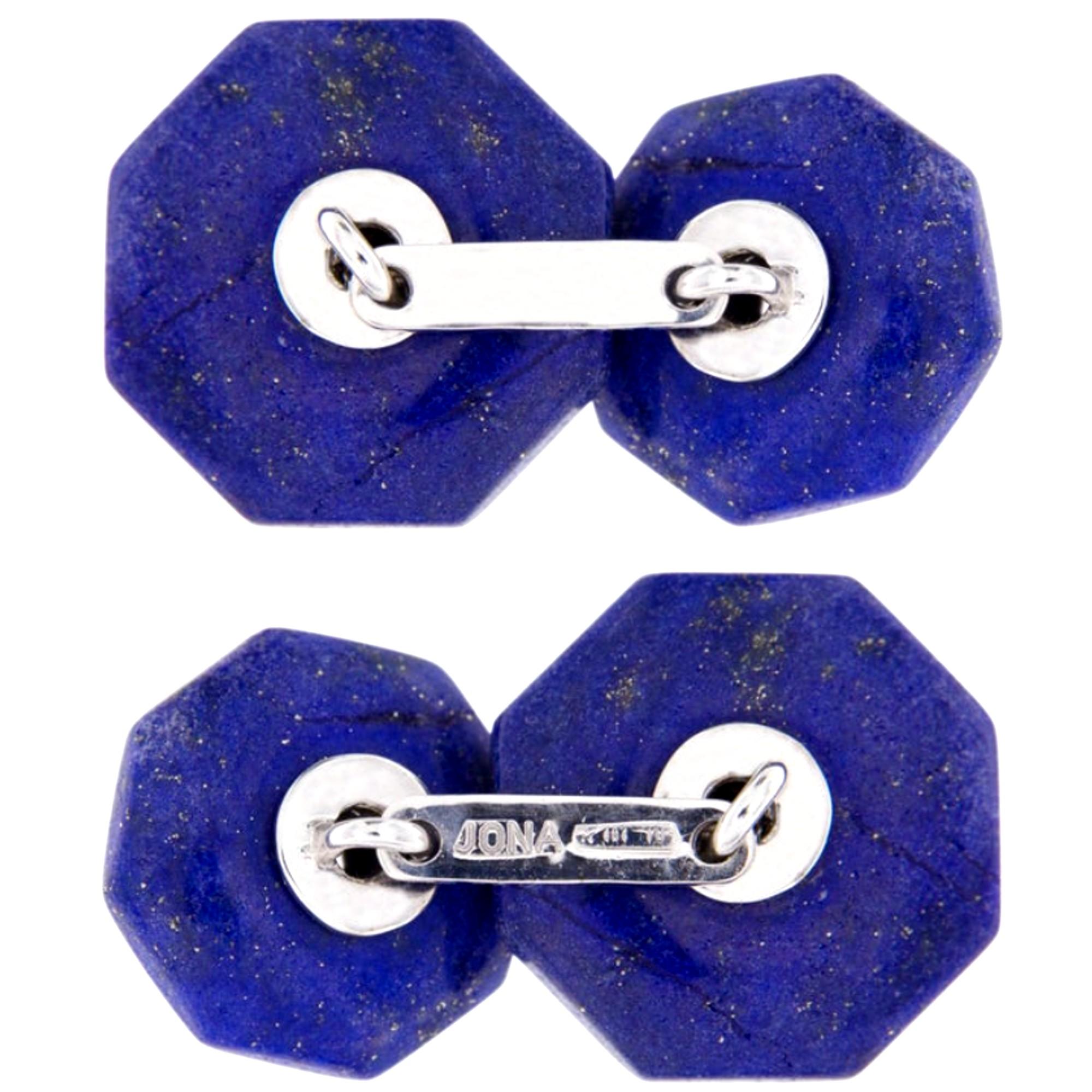 Alex Jona Lapis Lazuli White Diamond 18 Karat White Gold Octagonal Cufflinks For Sale 1