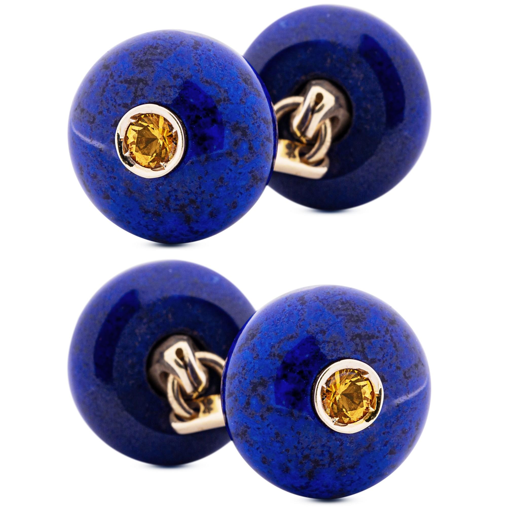 Round Cut Alex Jona Lapis Lazuli Yellow Sapphire 18 Karat Yellow Gold Button Cufflinks For Sale