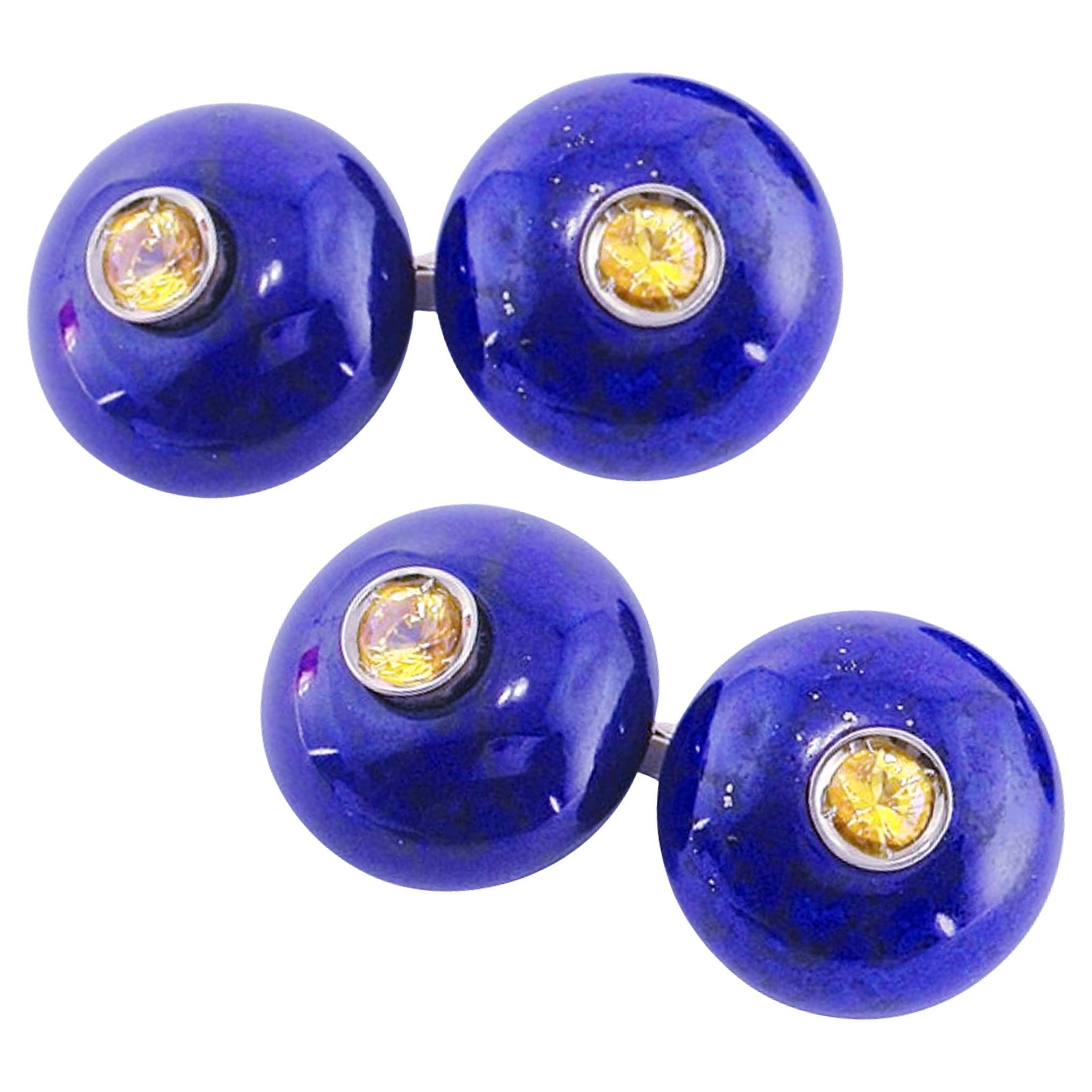 Alex Jona Lapis Lazuli Yellow Sapphire 18 Karat Yellow Gold Button Cufflinks For Sale