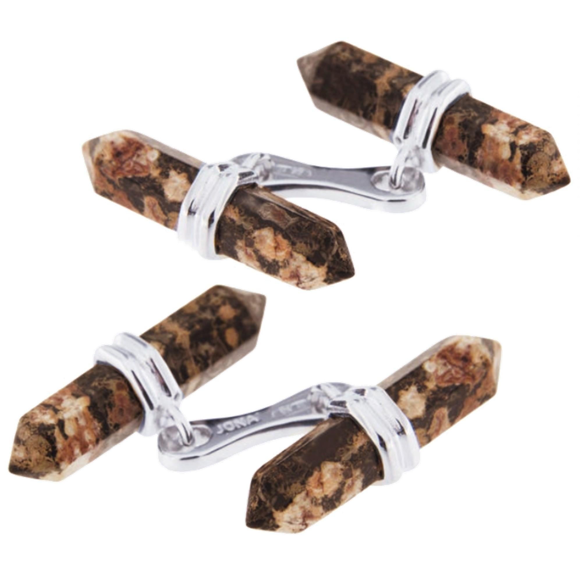 Manschettenknöpfe aus Sterlingsilber mit Leopardenhaut und Jaspis in Prismenform von Jona (Gemischter Schliff) im Angebot