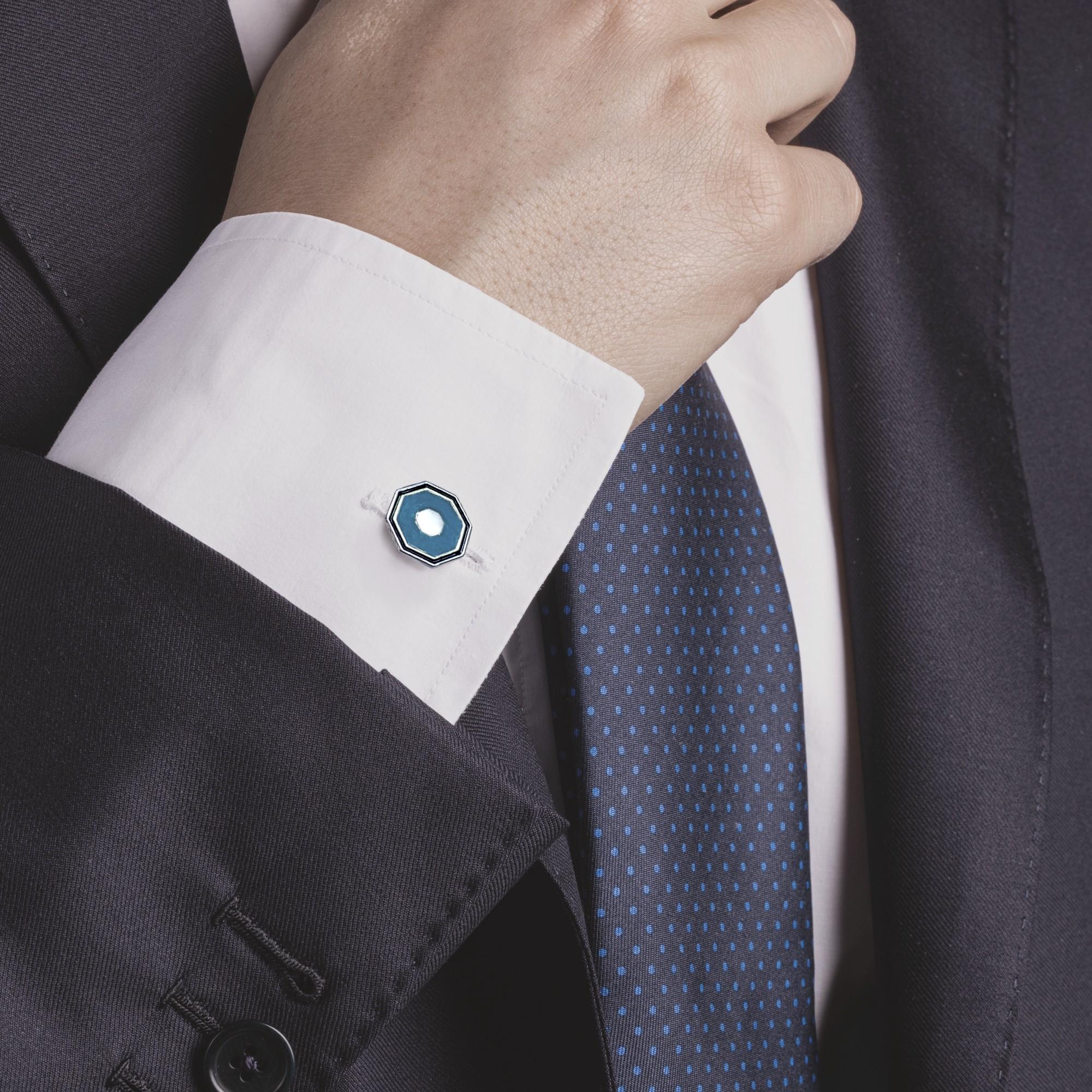 Alex Jona design collection, hand crafted in Italy, octagonal sterling silver cufflinks with light blue and black enamel.
Alex Jona cufflinks stand out, not only for their special design and for the excellent quality, but also for the careful