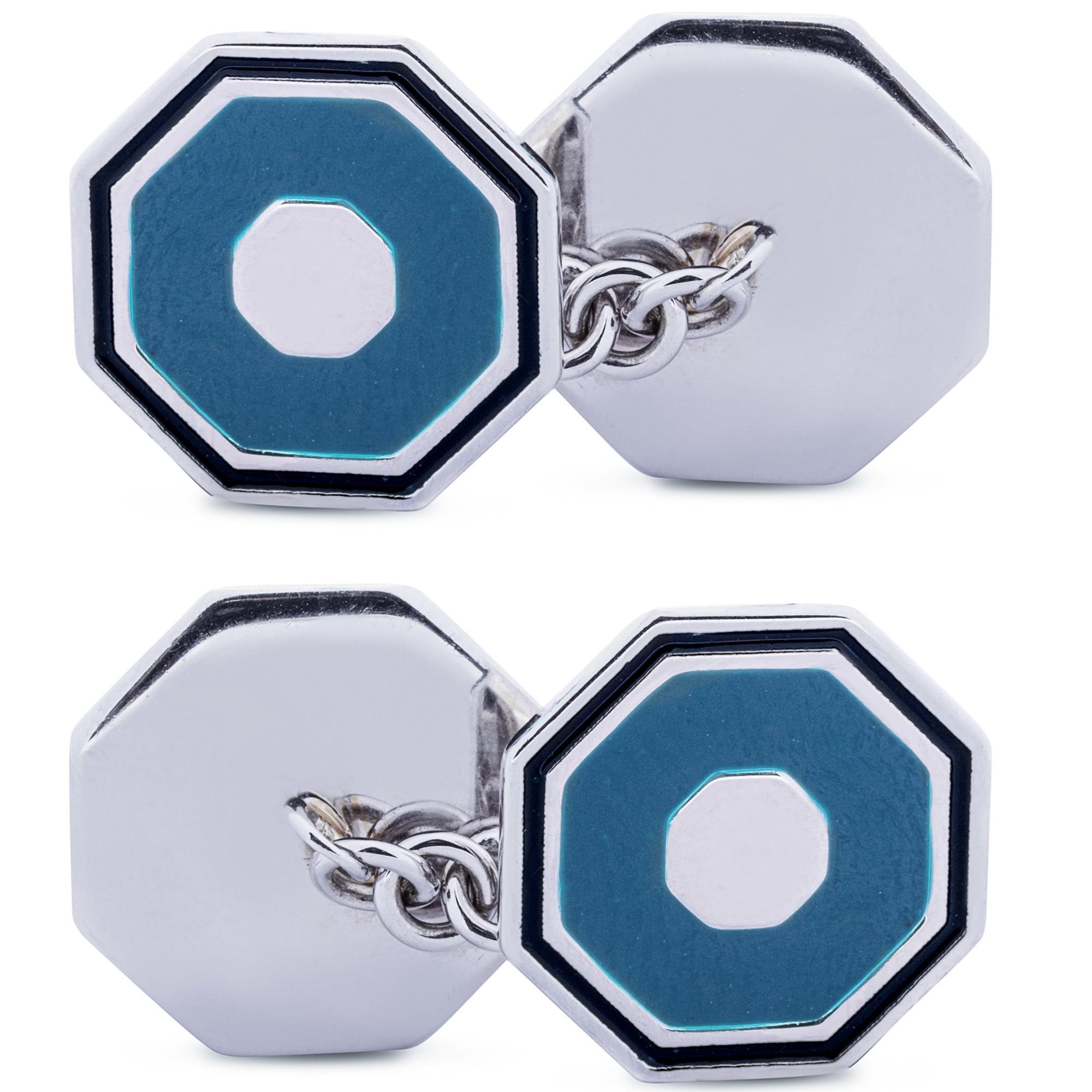 Alex Jona Light Blue & Black Enamel Octagonal Sterling Silver Cufflinks Neuf - En vente à Lugano, CH