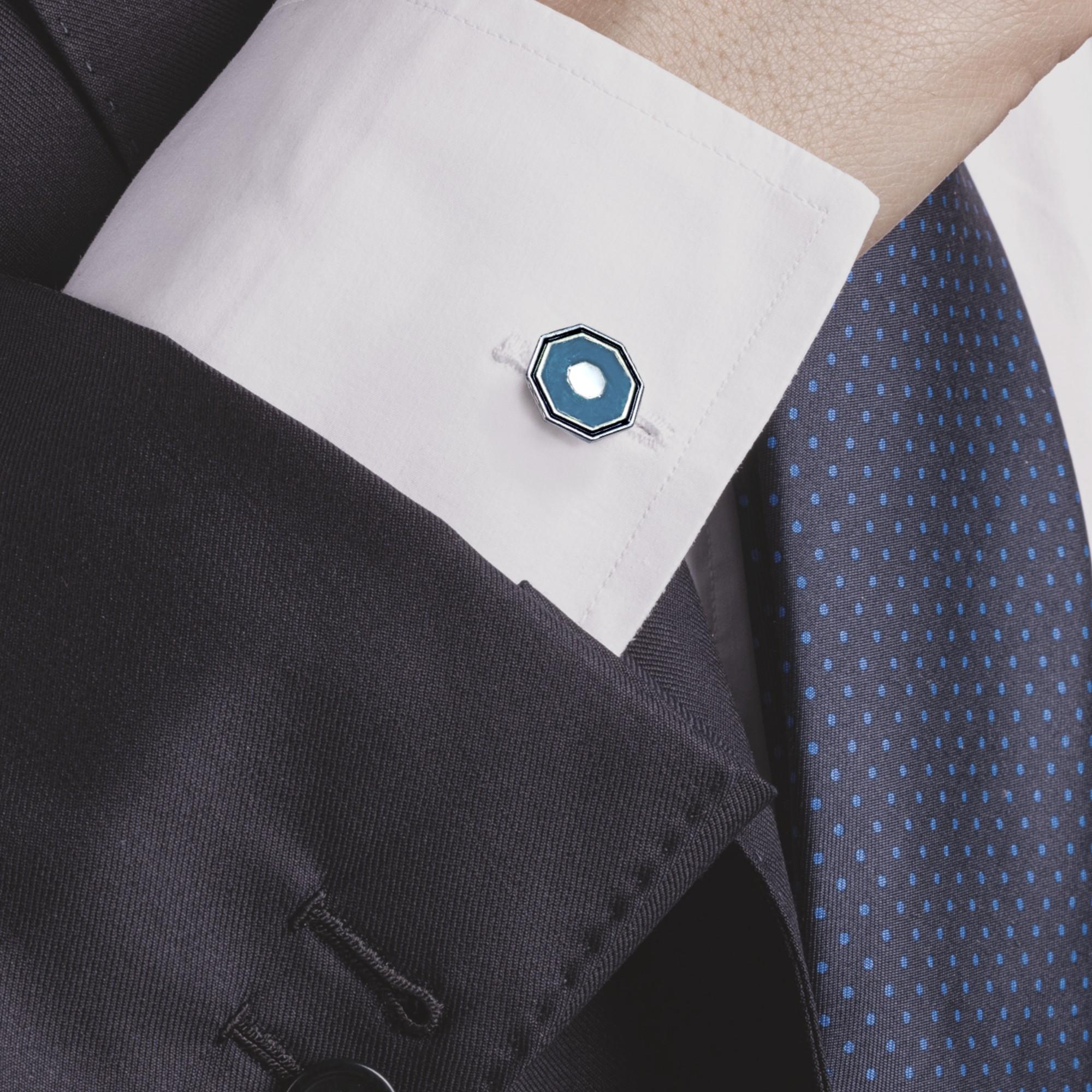 Alex Jona Light Blue & Black Enamel Octagonal Sterling Silver Cufflinks Unisexe en vente