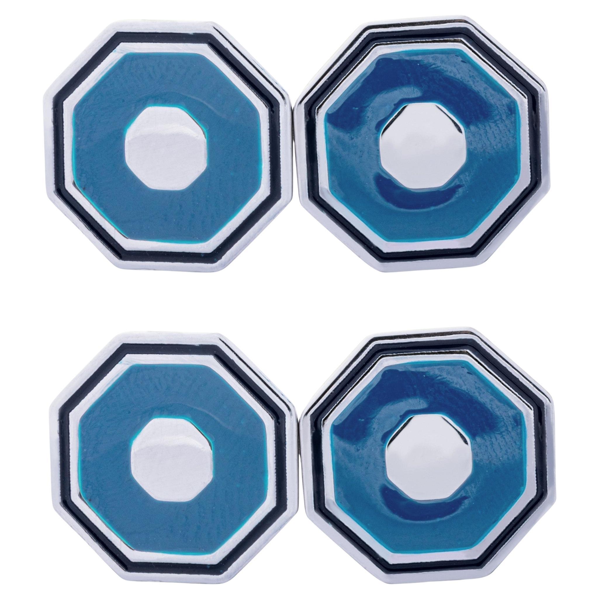 Alex Jona Light Blue & Black Enamel Octagonal Sterling Silver Cufflinks