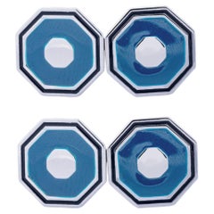 Alex Jona Light Blue & Black Enamel Octagonal Sterling Silver Cufflinks