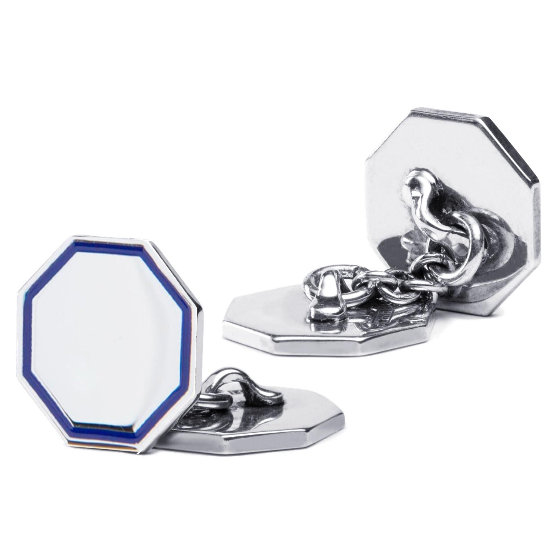 Alex Jona Light Blue Enamel Octagonal Sterling Silver Cufflinks In New Condition For Sale In Torino, IT