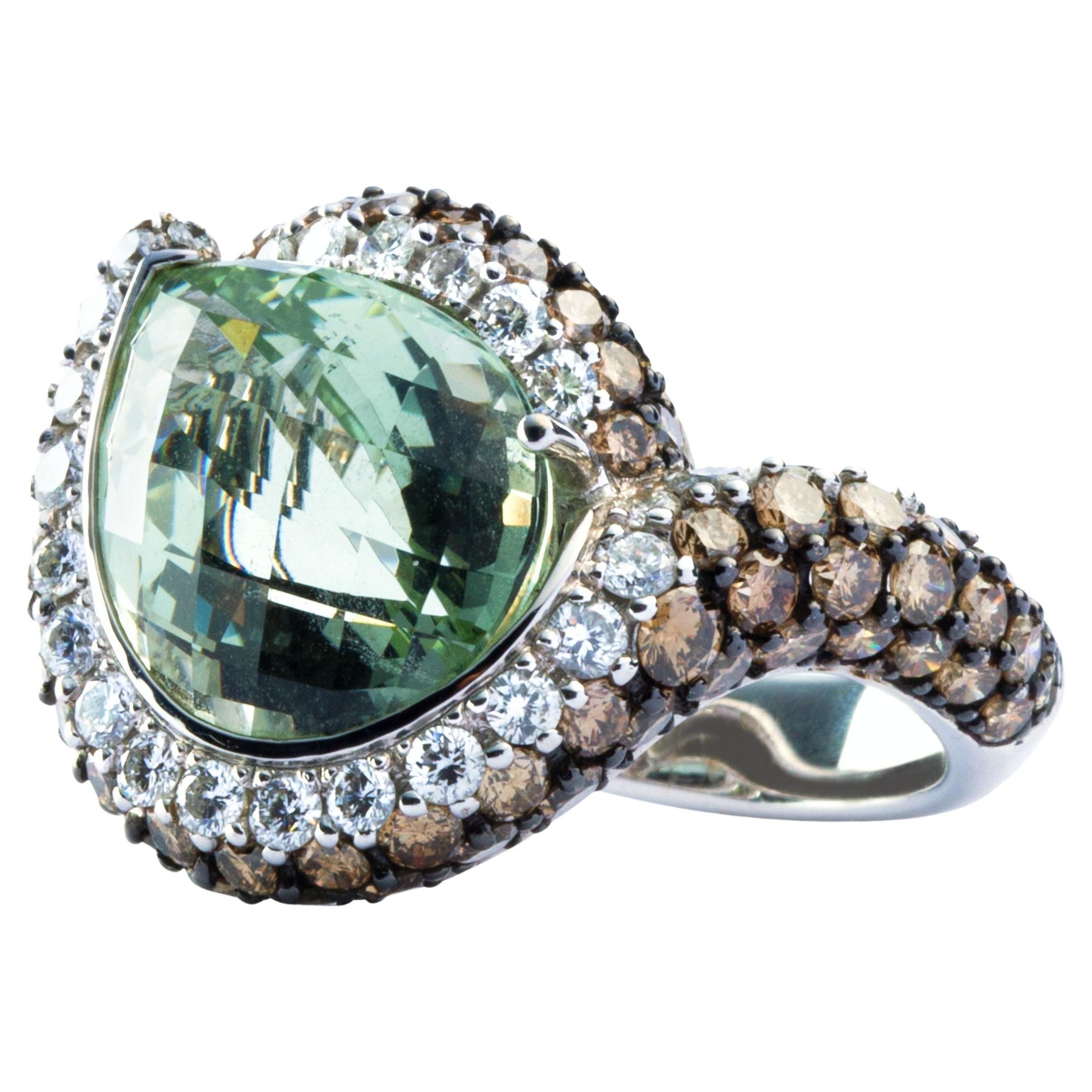 Alex Jona Light Green Beryl White and Brown Diamond 18 Karat White Gold Ring For Sale
