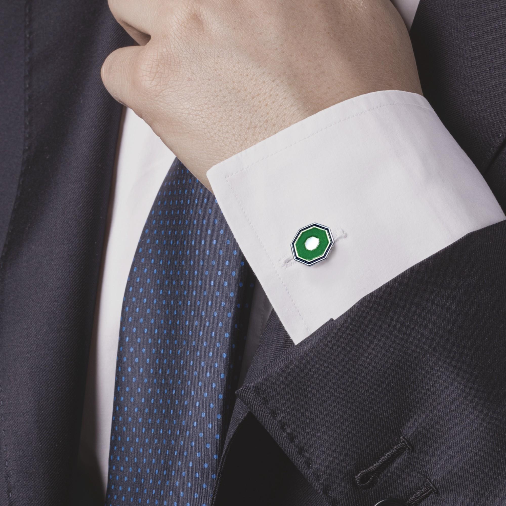 Alex Jona design collection, hand crafted in Italy, octagonal sterling silver cufflinks with green and blue enamel.
Alex Jona cufflinks stand out, not only for their special design and for the excellent quality, but also for the careful attention