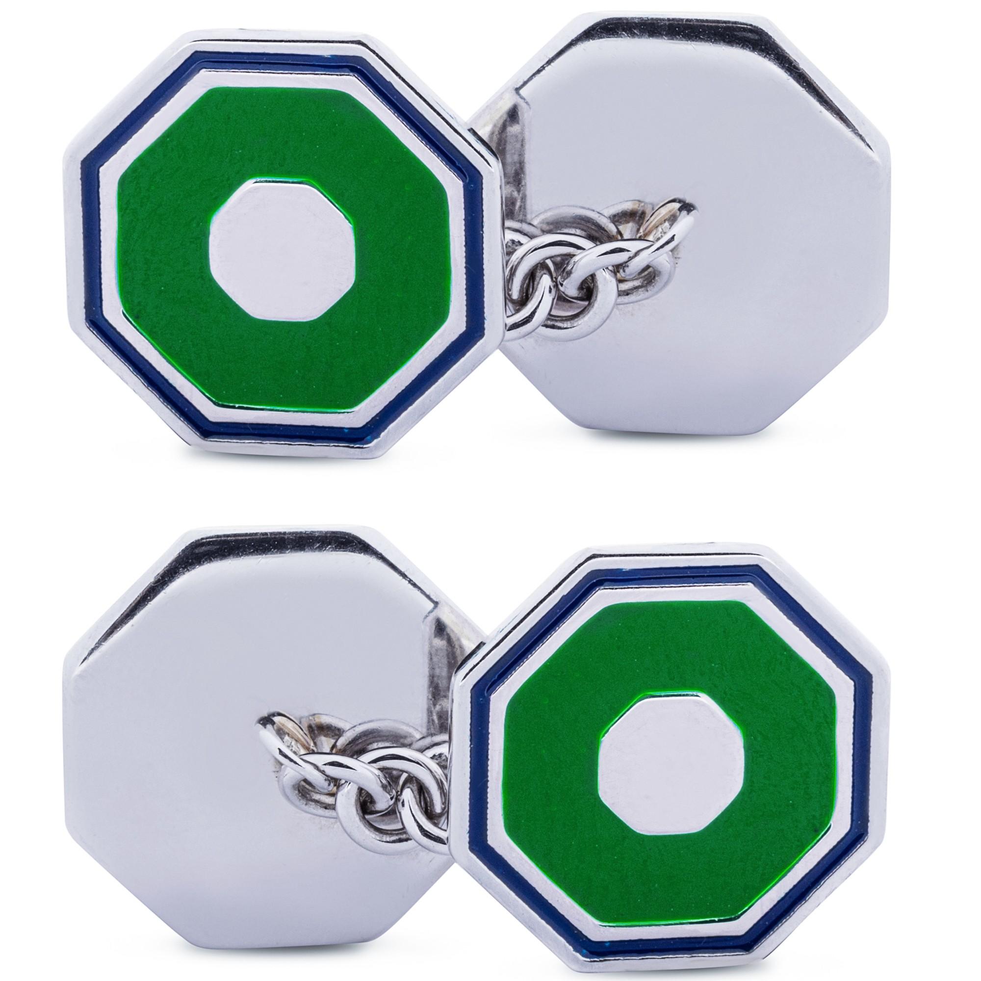 Alex Jona Light Green & Blue Enamel Octagonal Sterling Silver Cufflinks In New Condition For Sale In Lugano, CH