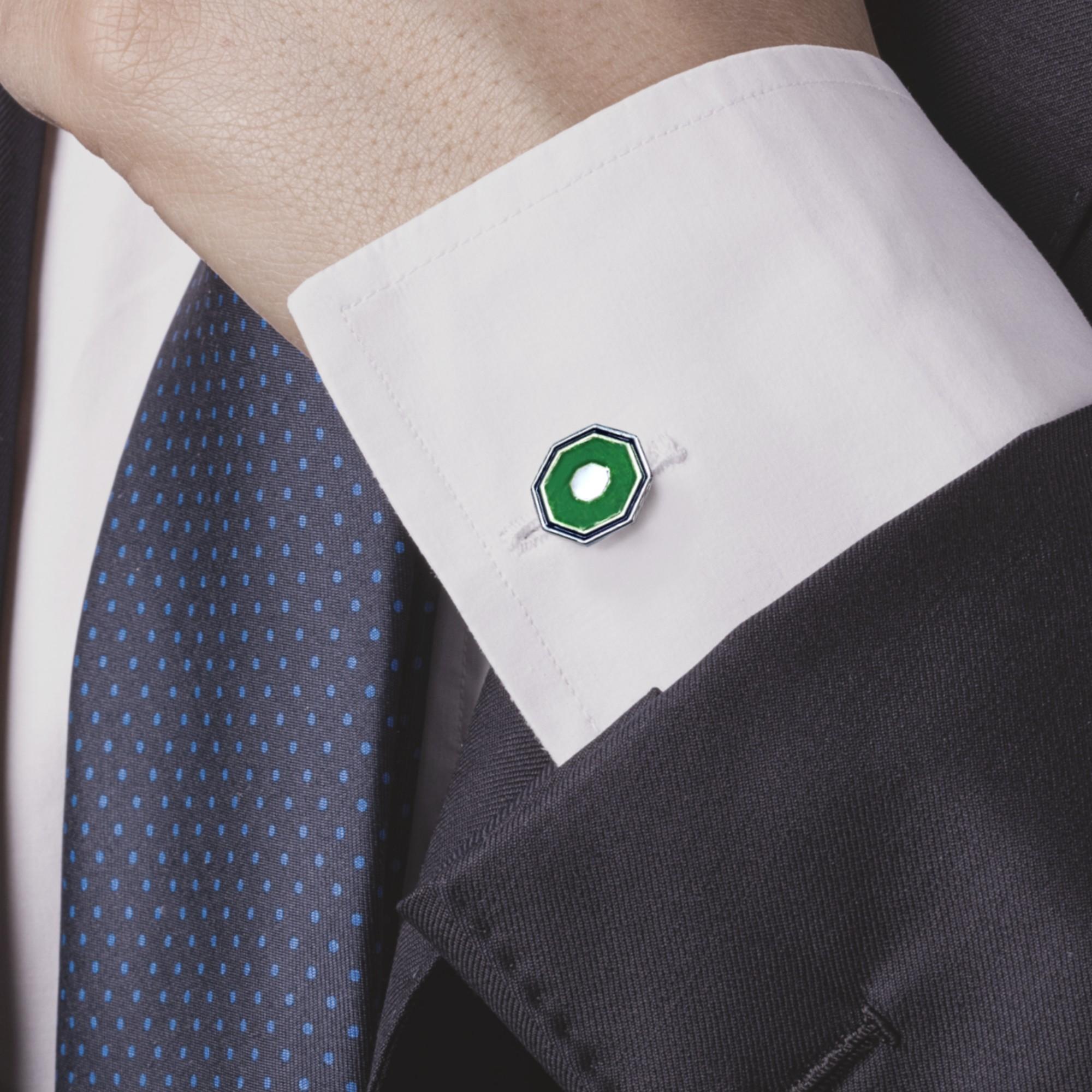 Women's or Men's Alex Jona Light Green & Blue Enamel Octagonal Sterling Silver Cufflinks For Sale
