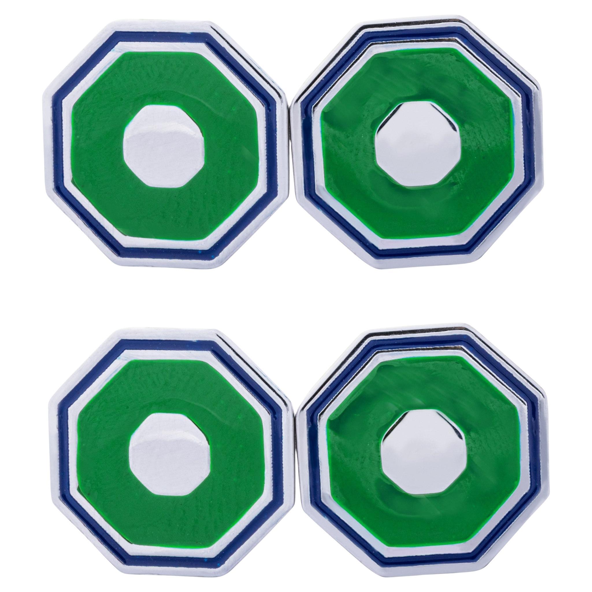 Alex Jona Light Green & Blue Enamel Octagonal Sterling Silver Cufflinks