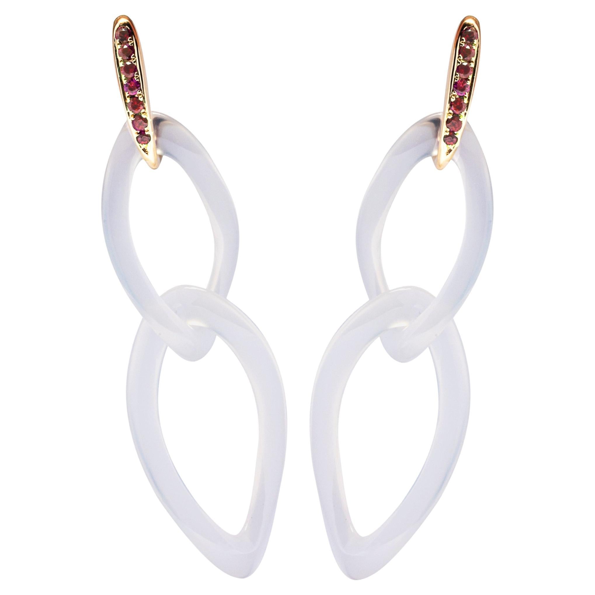 Alex Jona Light Grey Agate and Ruby 18 Karat Yellow Gold Pendant Earrings For Sale