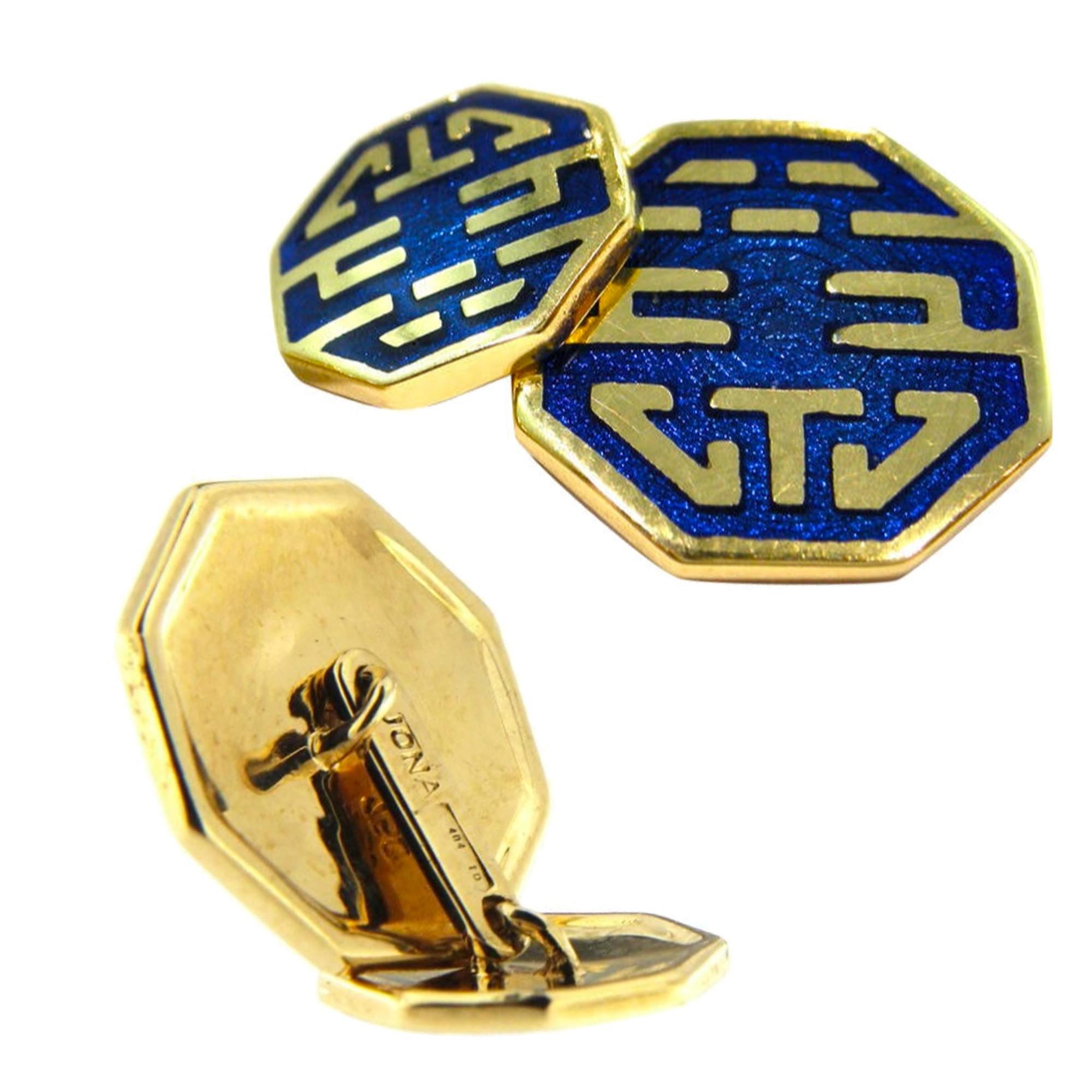 Alex Jona Long and Happy Life Enamel 18K Yellow Gold Cufflinks In New Condition For Sale In Torino, IT