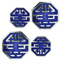 Alex Jona Long and Happy Life Symbol Blue Enamel Sterling Silver Cufflinks