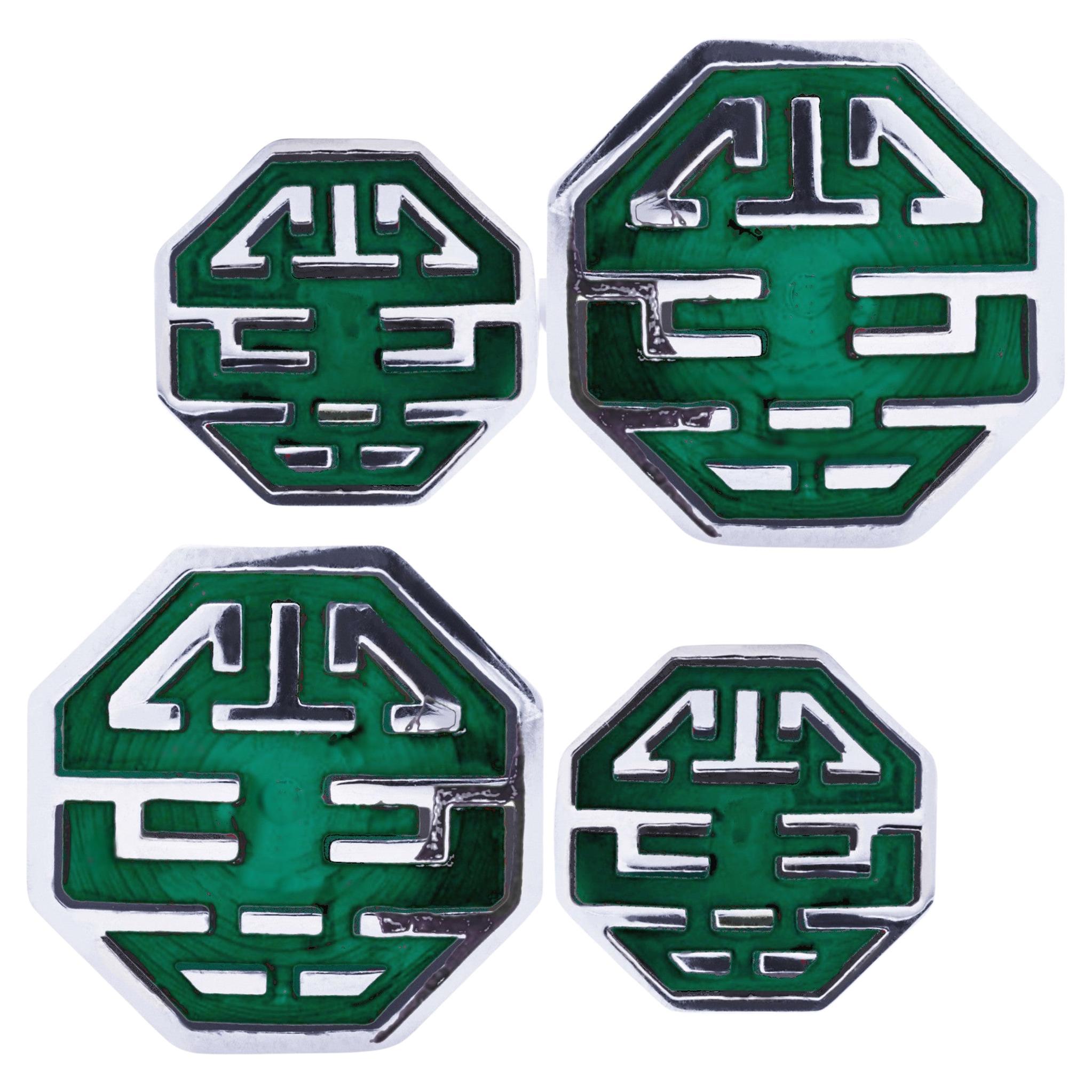Alex Jona Long and Happy Life Symbol Green Enamel Sterling Silver Cufflinks