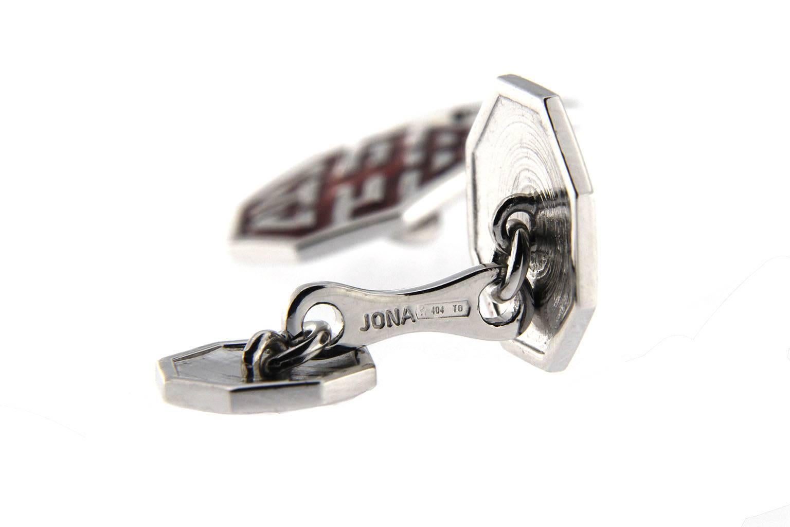 Women's or Men's Alex Jona Long and Happy Life Symbol Red Enamel Sterling Silver Cufflinks For Sale