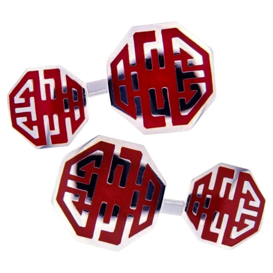 Alex Jona Long and Happy Life Symbol Red Enamel Sterling Silver Cufflinks For Sale