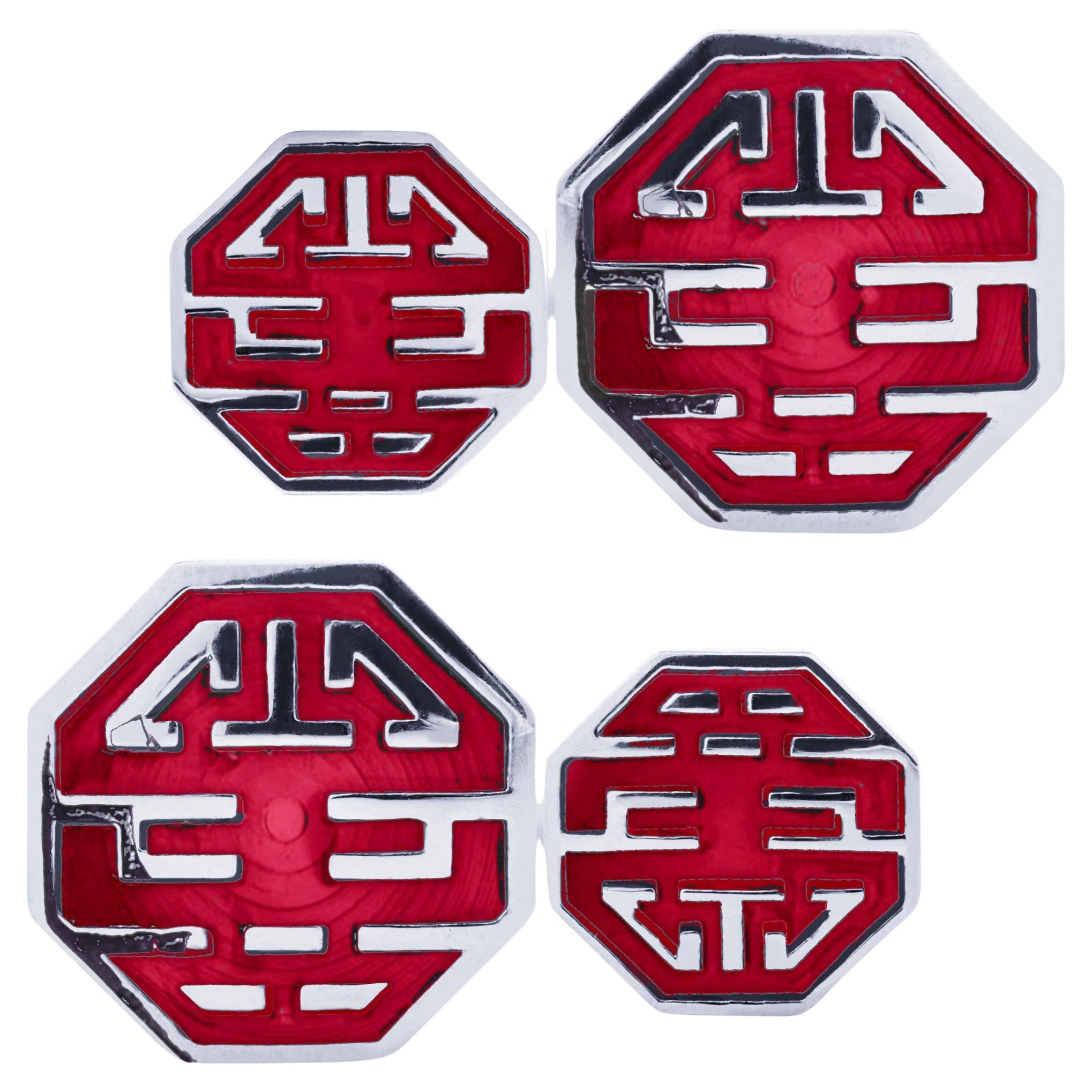 Alex Jona Long and Happy Life Symbol Red Enamel Sterling Silver Cufflinks