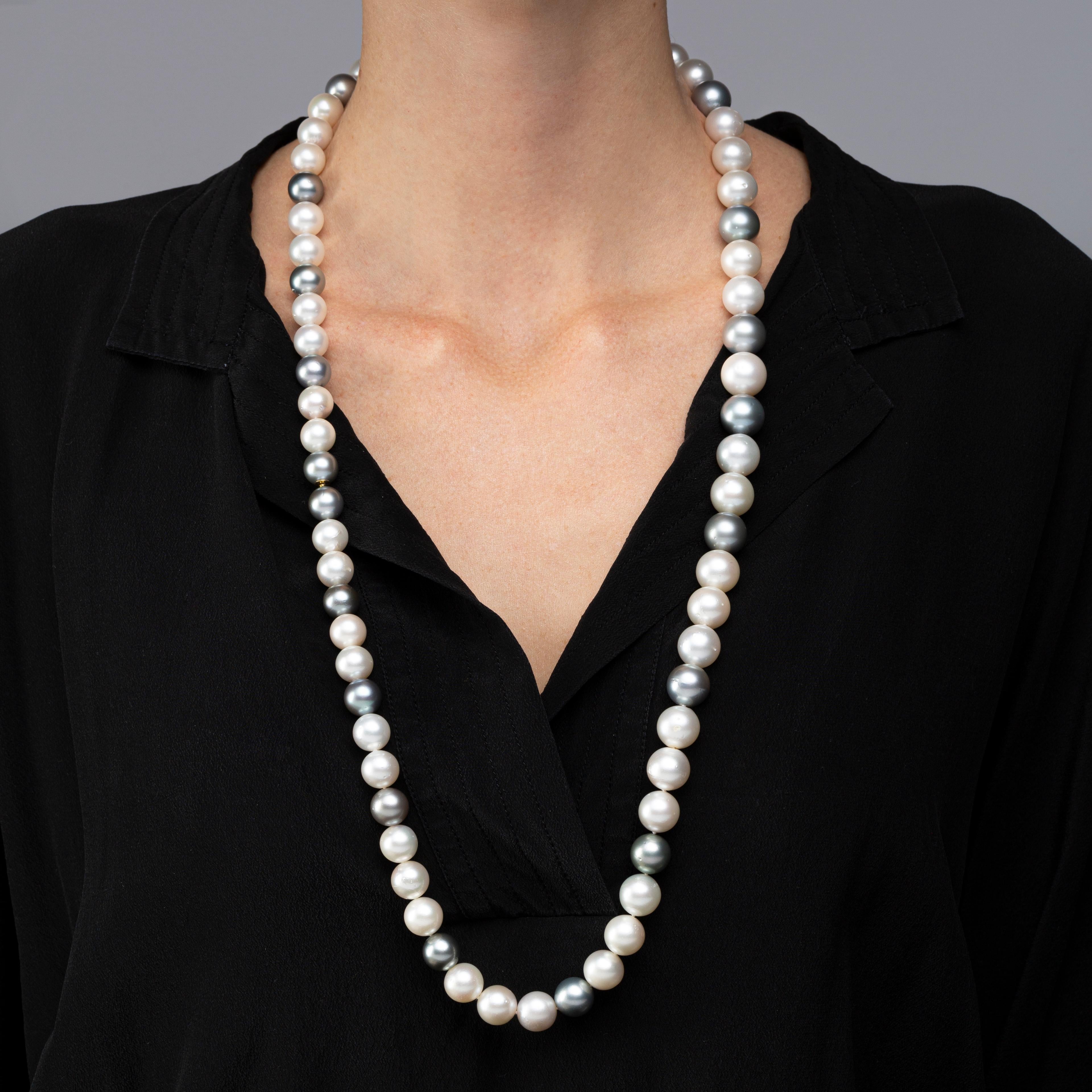 Round Cut Alex Jona Long South Sea and Tahiti Light Grey Pearl Necklace For Sale