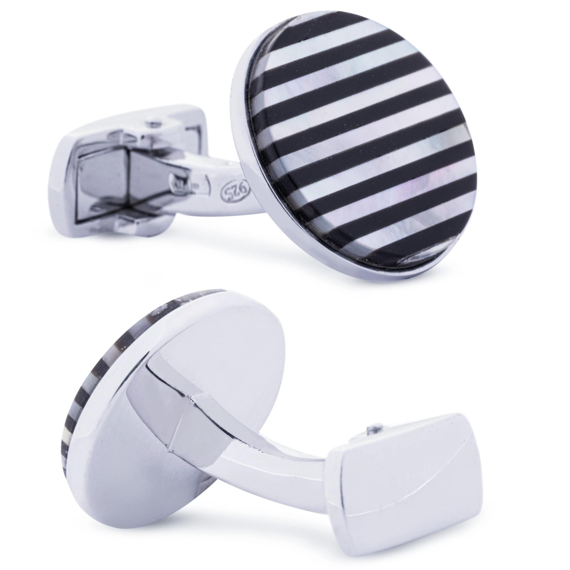 Alex Jona M-o-P Onyx Sterling Silber Manschettenknöpfe (Rundschliff) im Angebot
