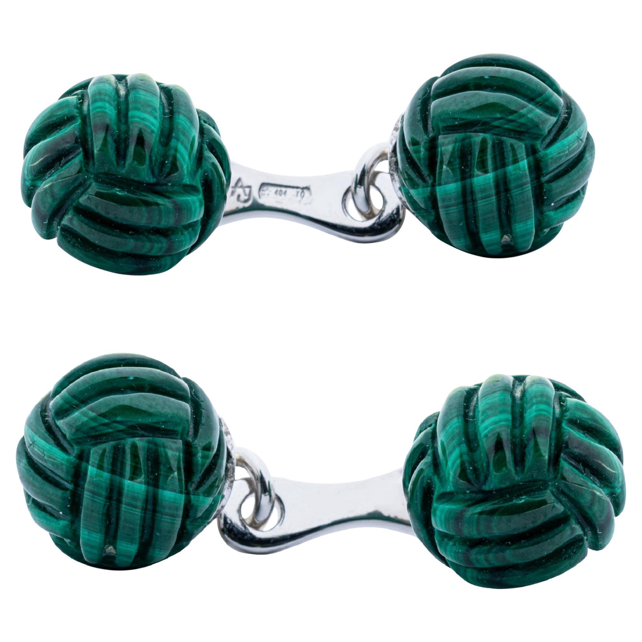 Gemelli in oro bianco 18 carati Alex Jona con nodo di malachite