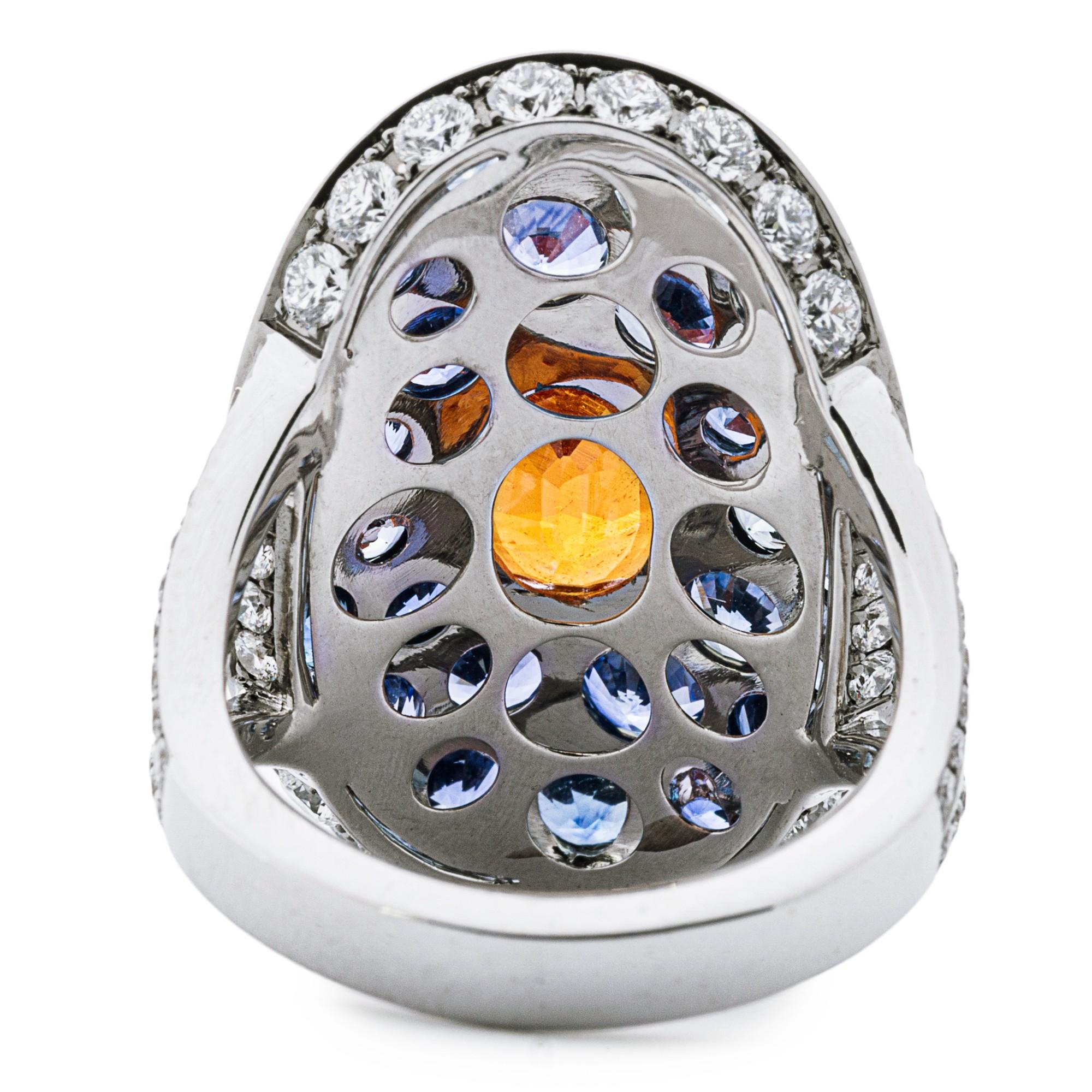 Alex Jona Mandarin Garnet Blue Sapphire White Diamond White Gold Ring In New Condition For Sale In Torino, IT