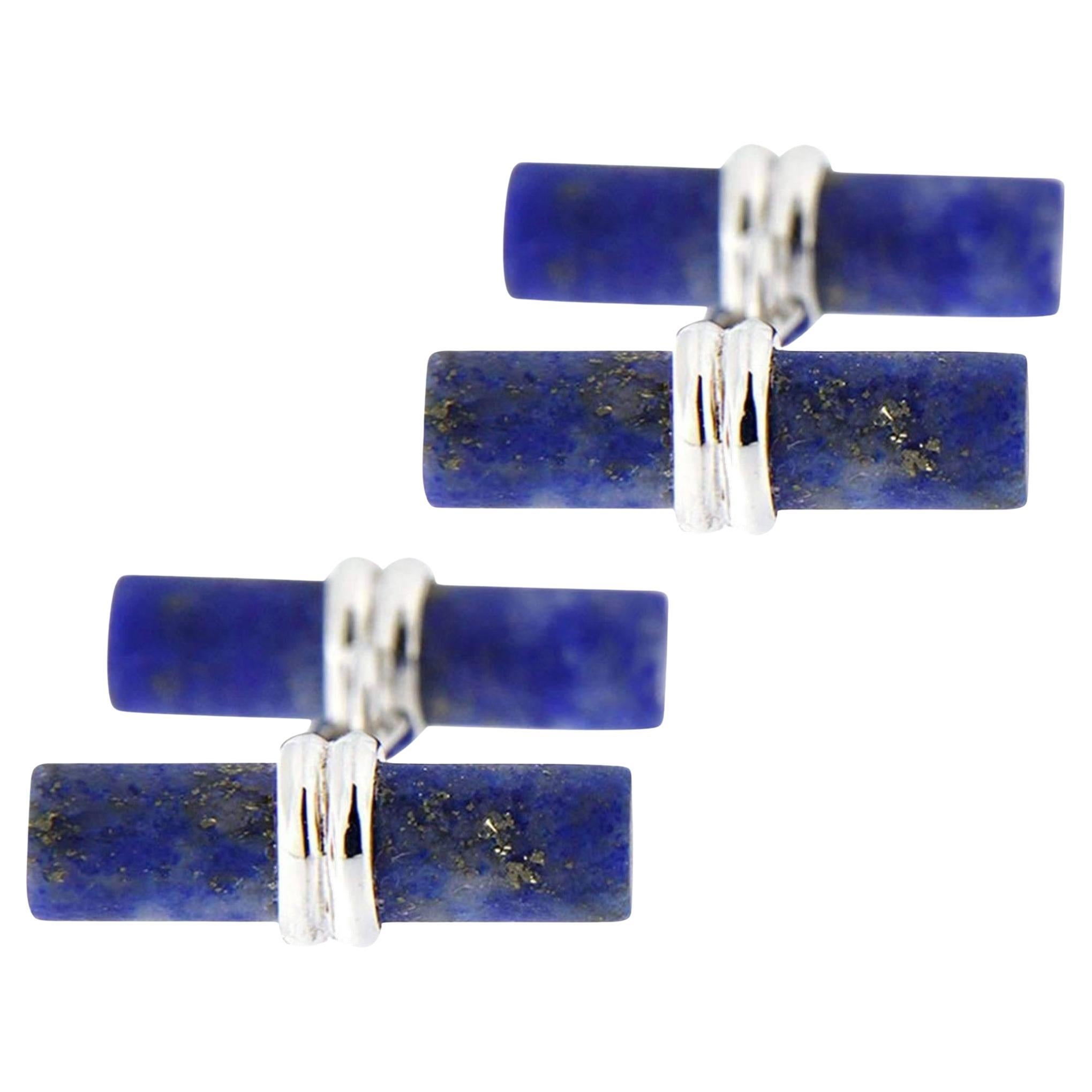 Alex Jona Matte Finish Lapis Lazuli Sterling Silver Cylinder Bar Cufflinks