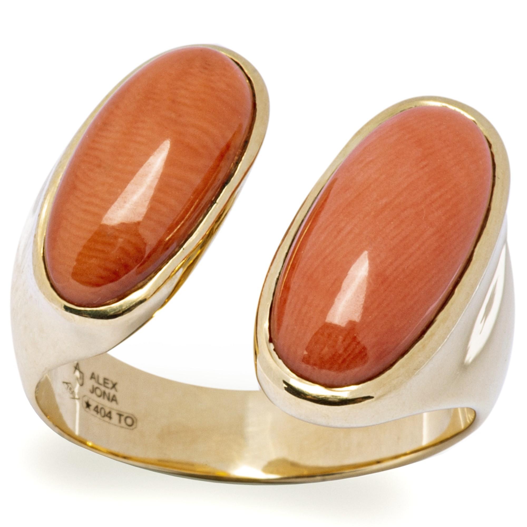 Alex Jona Mediterranean Coral 18 Karat Yellow Gold Open Band Ring For Sale