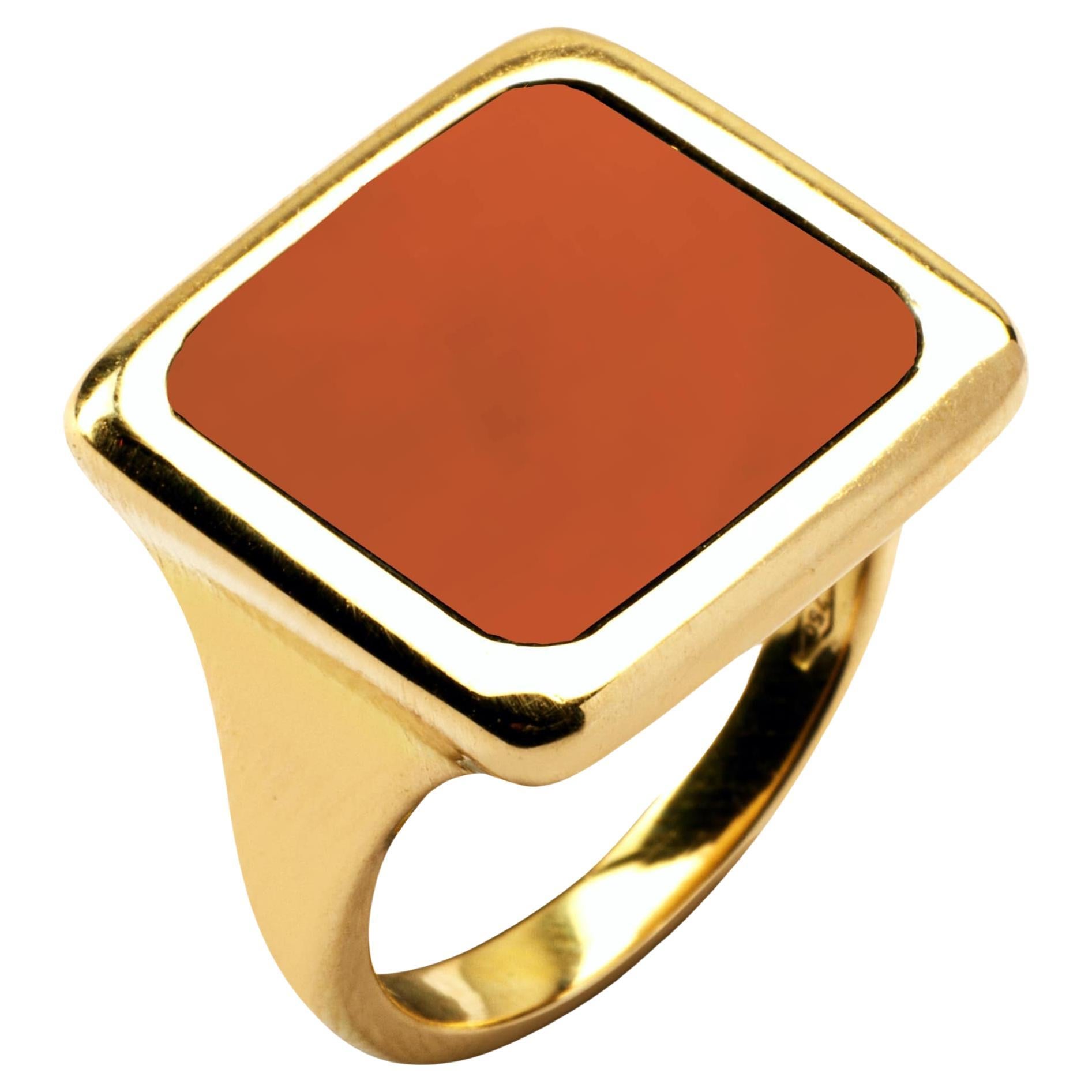 Alex Jona Mediterranean Coral 18 Karat Yellow Gold Signet Ring For Sale