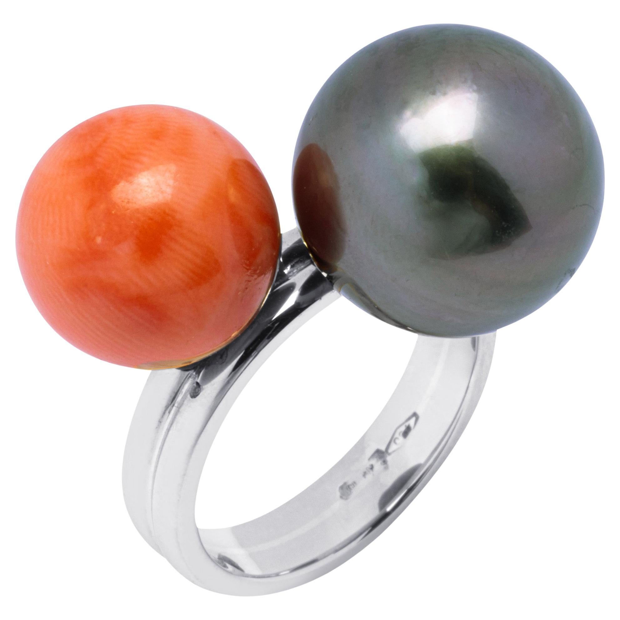 Alex Jona Mediterranean Coral Tahiti Pearl 18 Karat White Gold Ring For Sale