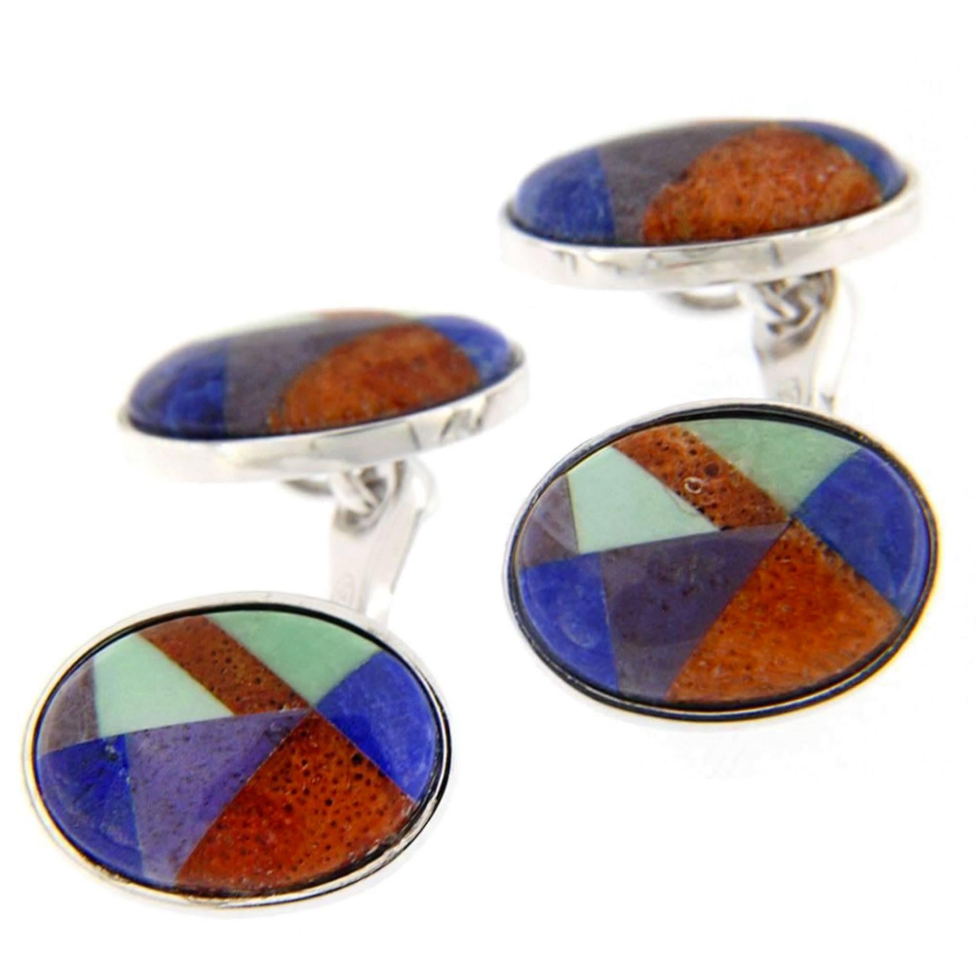 Gemelos modernistas de plata de ley con piedras semipreciosas Alex Jona Corte oval en venta