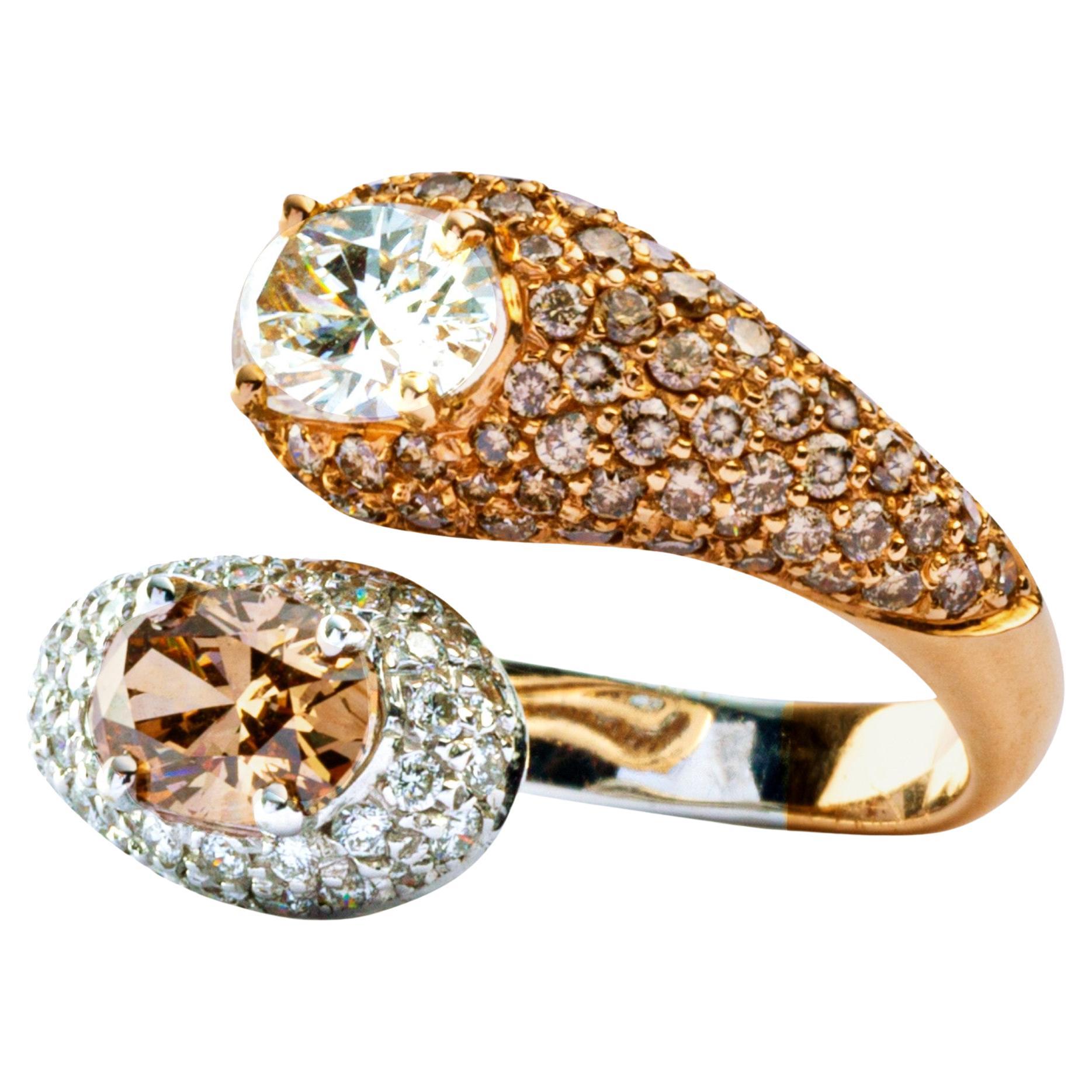 Alex Jona Moi et Toi Champagne & Brown Diamond White & Rose Gold Crossover Ring For Sale