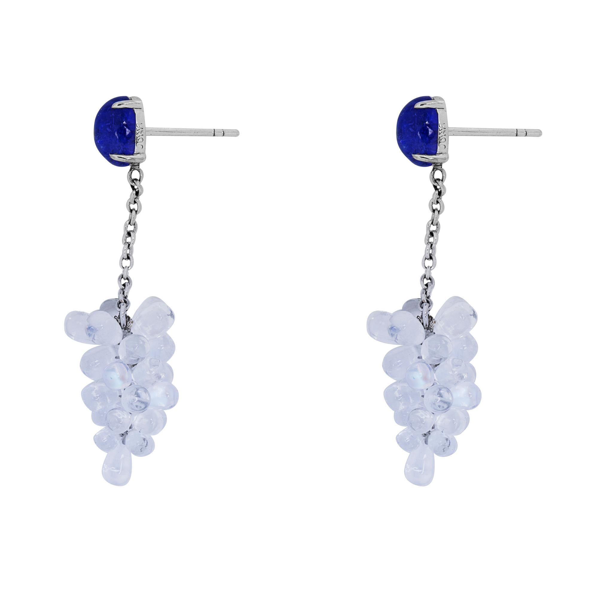 Cabochon Alex Jona Moonstone Cluster Tanzanite 18 Karat White Gold Pendant Earrings For Sale