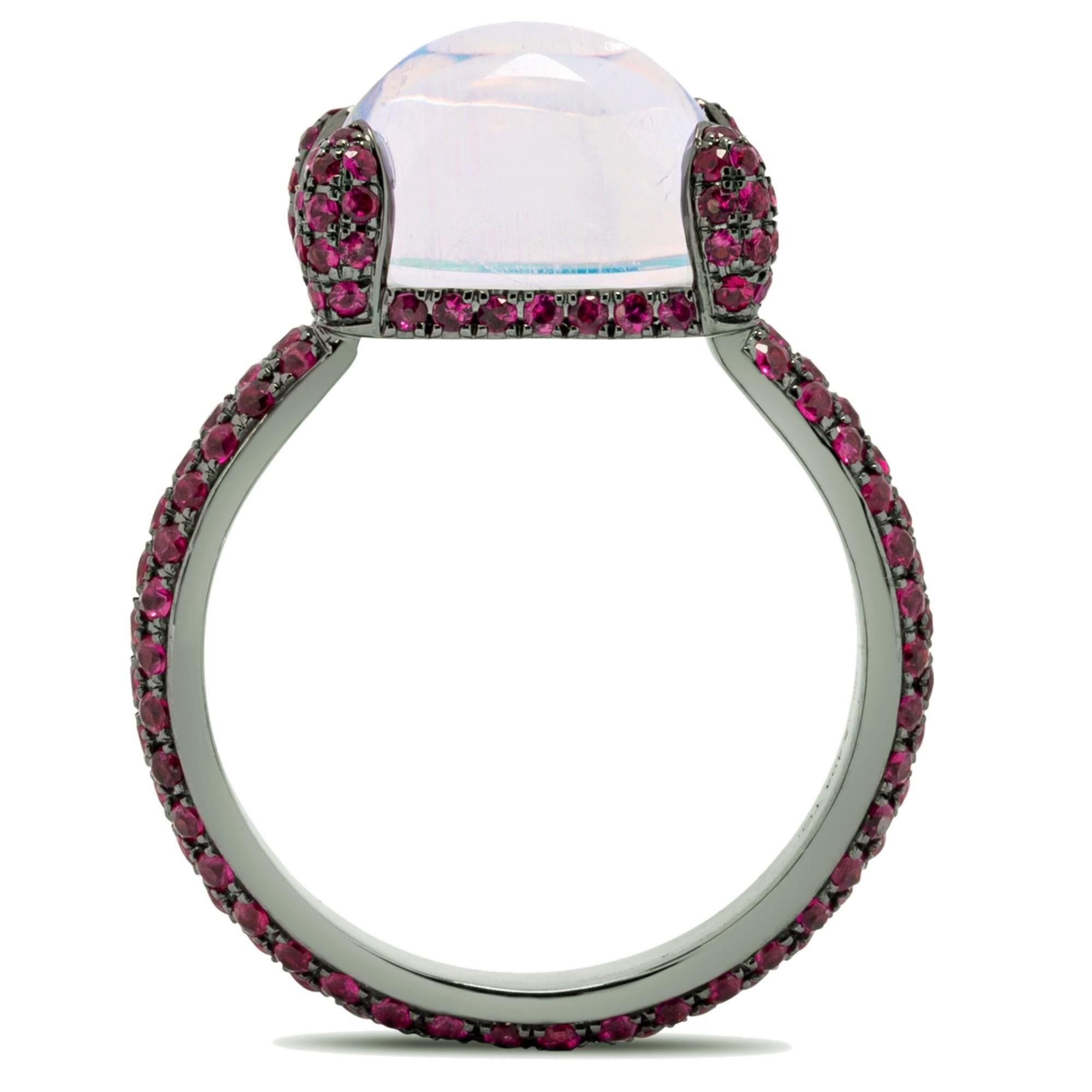 Cabochon Alex Jona Moonstone Ruby 18k White Gold Rings For Sale